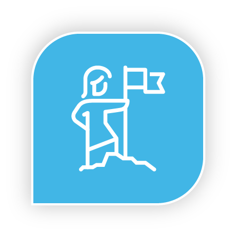 Icon of a person standing on a mountain peak holding a flag, indicating achievement or reaching a goal.