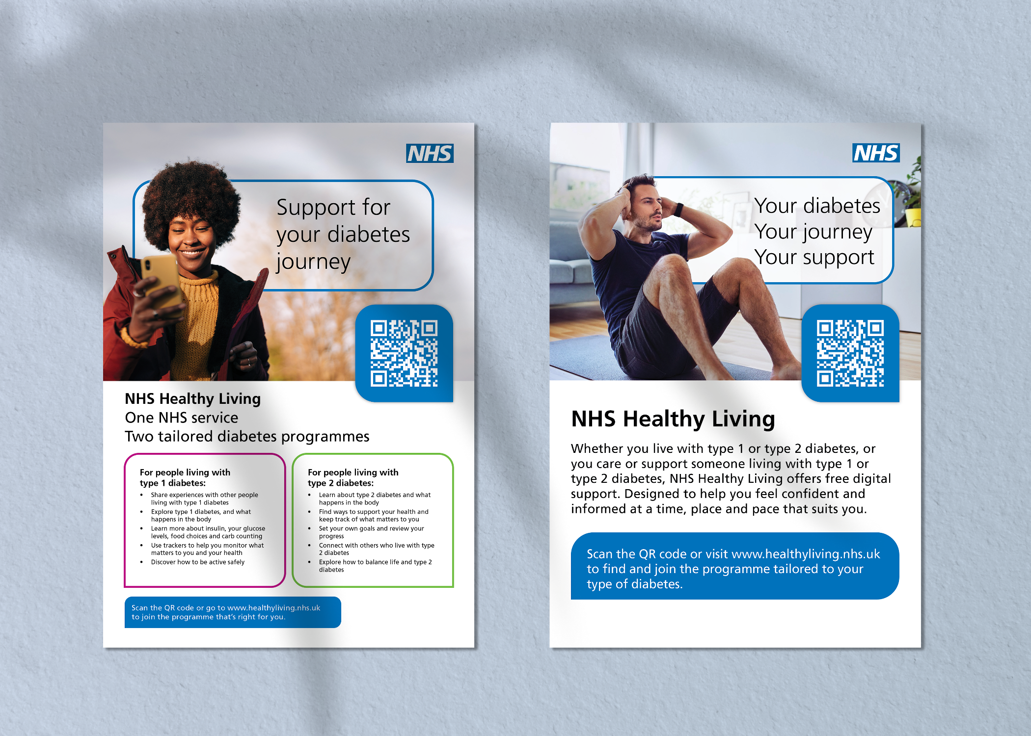 Public health informational flyers about diabetes support programs from NHS with text and QR codes, featuring images of a smiling woman using a smartphone and a man doing exercises at home.