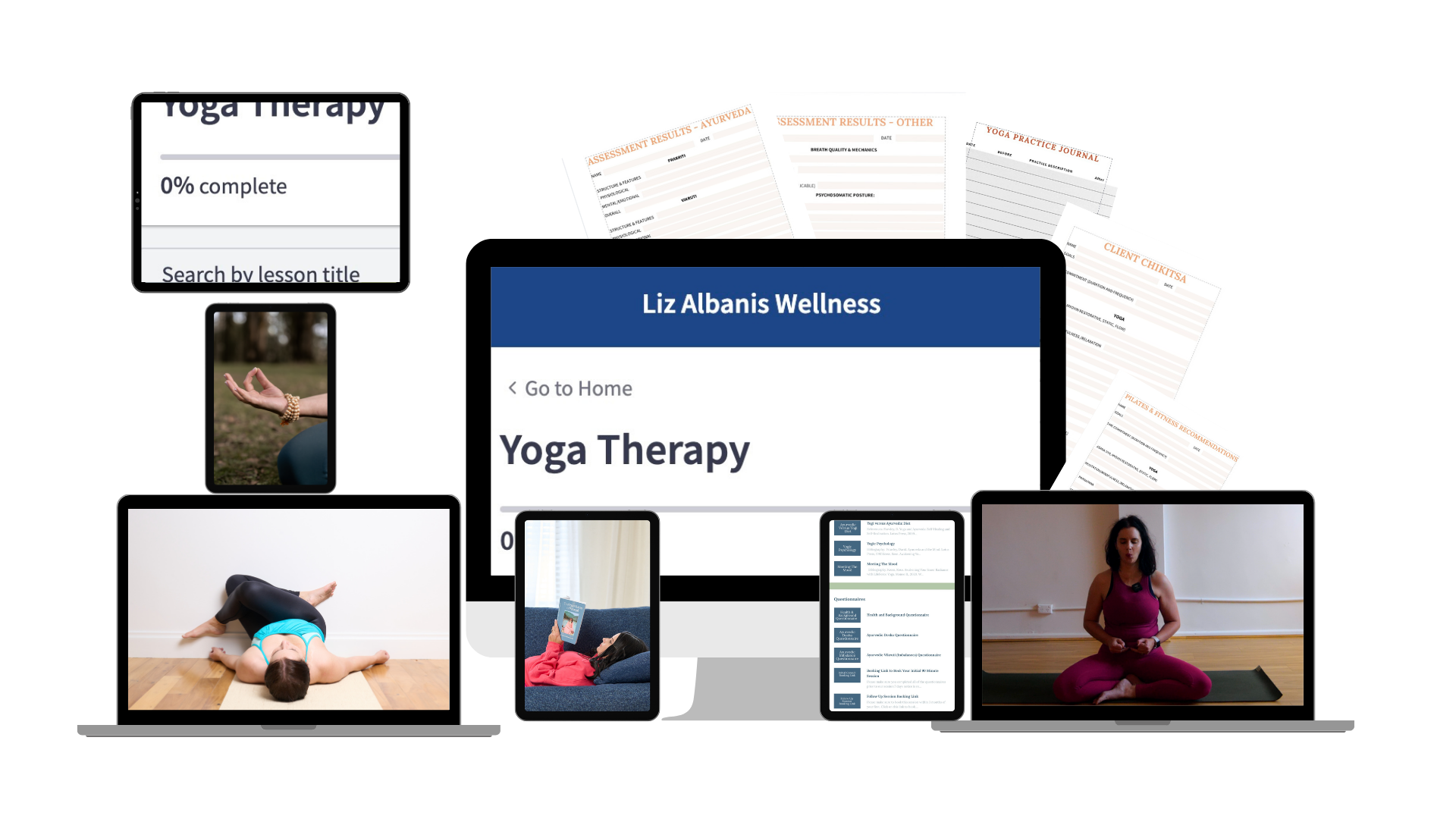 Online yoga therapy platform shown on various devices, including a computer and tablets, with images of people practicing yoga and wellness documents.
