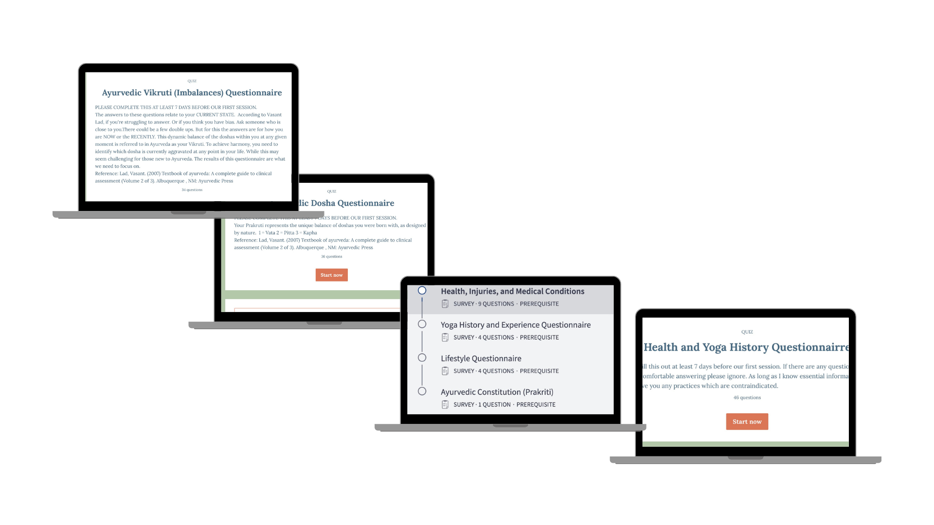 Three laptops displaying health and wellness questionnaires and surveys, with various titles related to Ayurveda, yoga, and medical conditions.