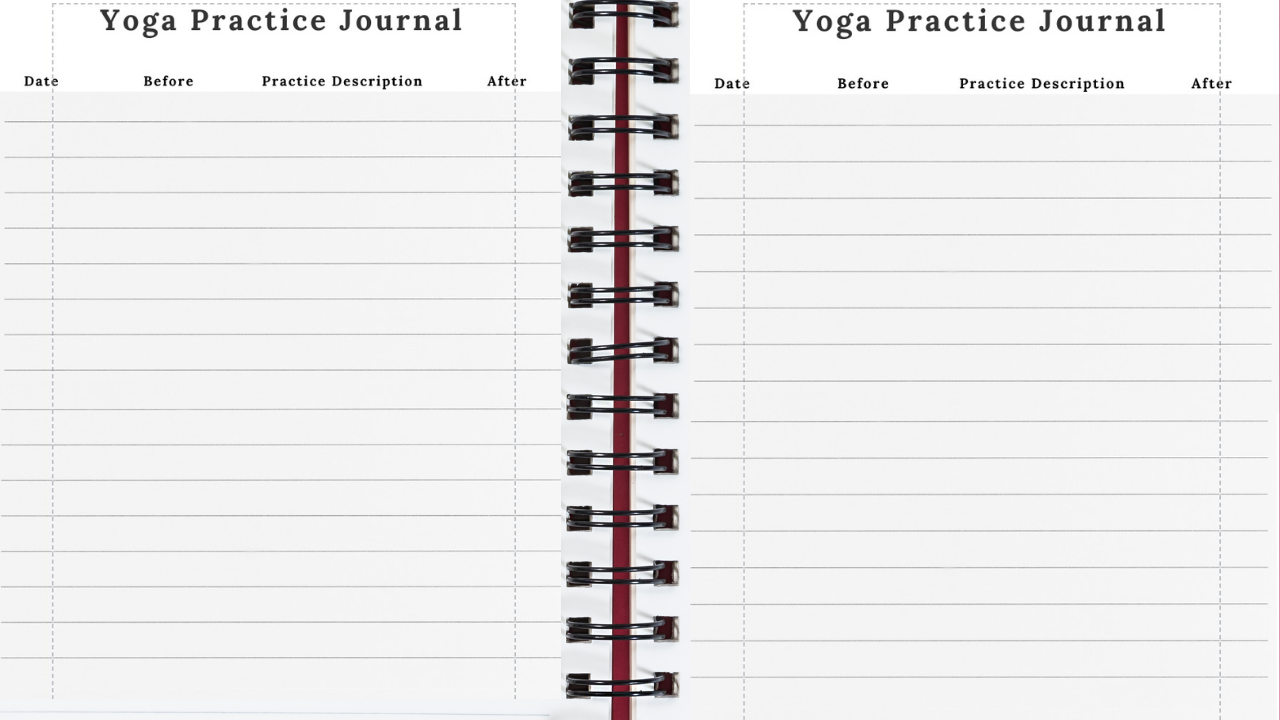 Open yoga practice journal with blank pages for recording practice details. The left page is labeled with columns for date, before, practice description, and after. The right page is similarly structured.