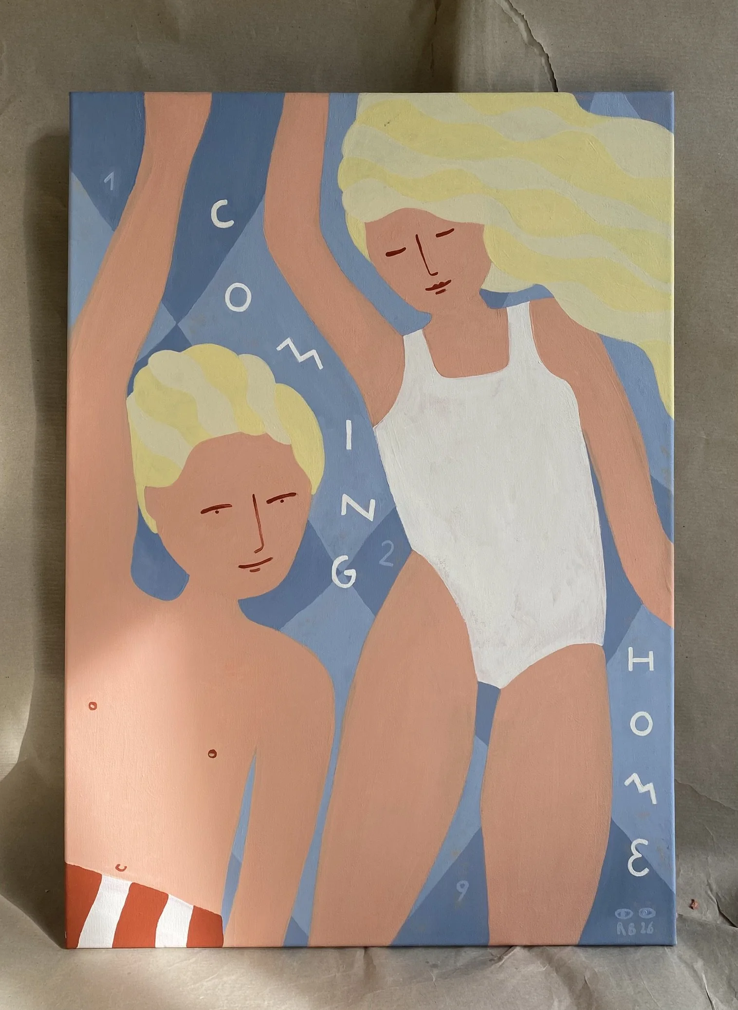 Acrylgemälde eines schwimmenden Paares, die Frau hat blonde, lange Haare, trägt einen weissen Badenazug, umgeben von Buchstaben und Zahlen, mit einer farbenfrohen, künstlerischen Gestaltung.