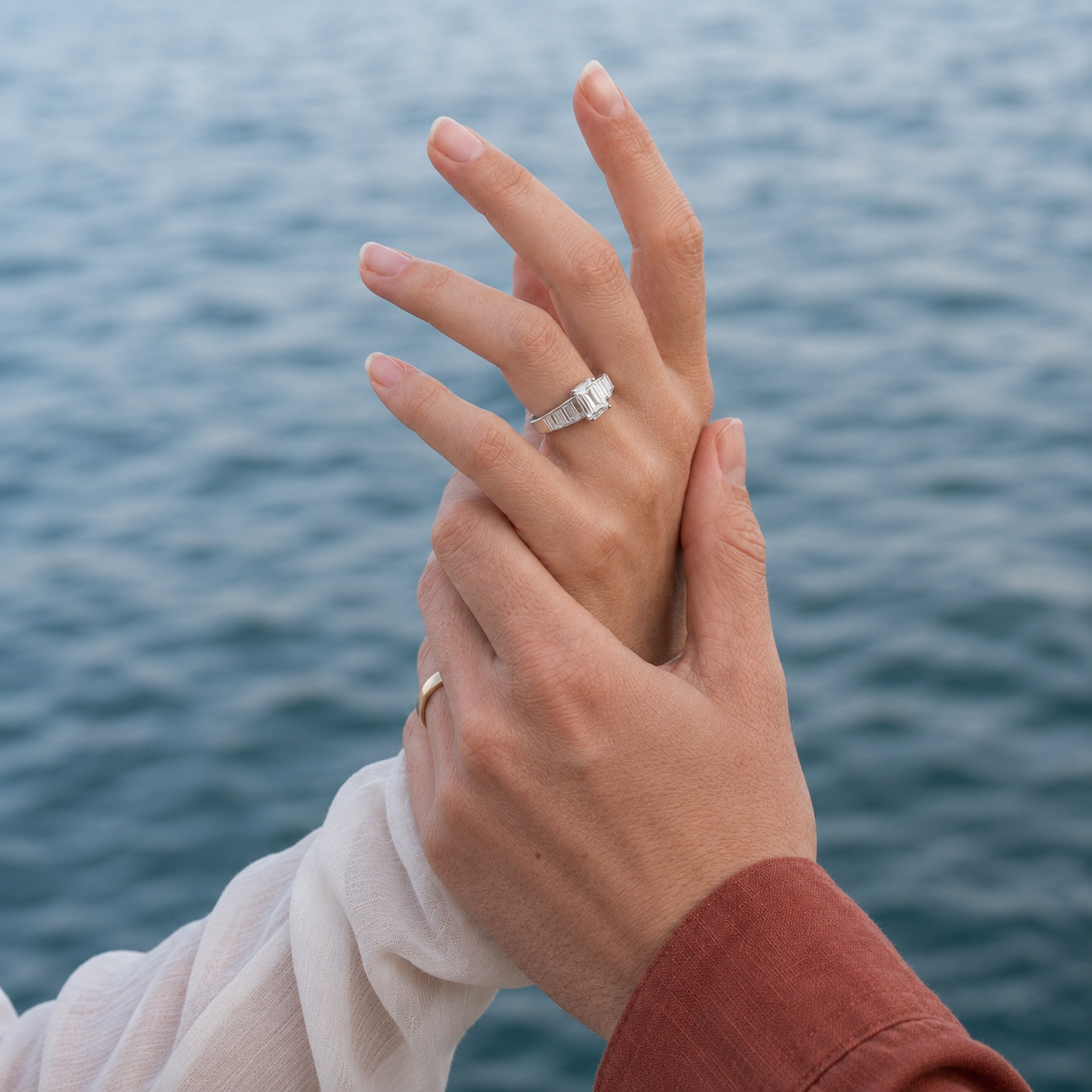 Couple holding hands by the sea wearing a bespoke emerald-cut diamond engagement ring inspired by Angelina Jolie. Romantic proposal photography celebrating handcrafted bridal jewellery and lifelong commitment.