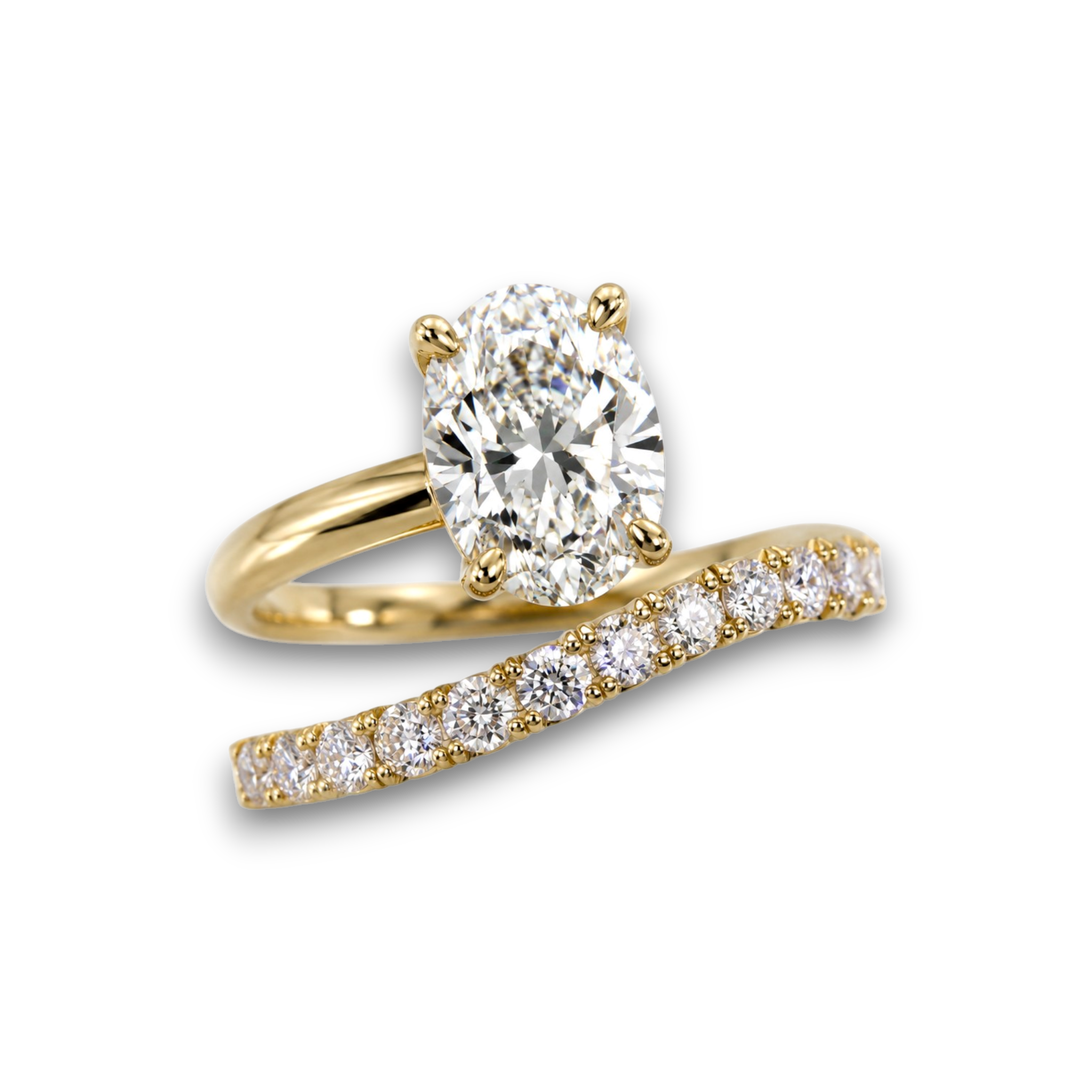 18ct yellow gold oval diamond engagement ring featuring a 2.5ct oval-cut diamond with micro pavé band, paired with a matching diamond wedding band. Band and a Half style (Stephanie Gottlieb), Australian Design.