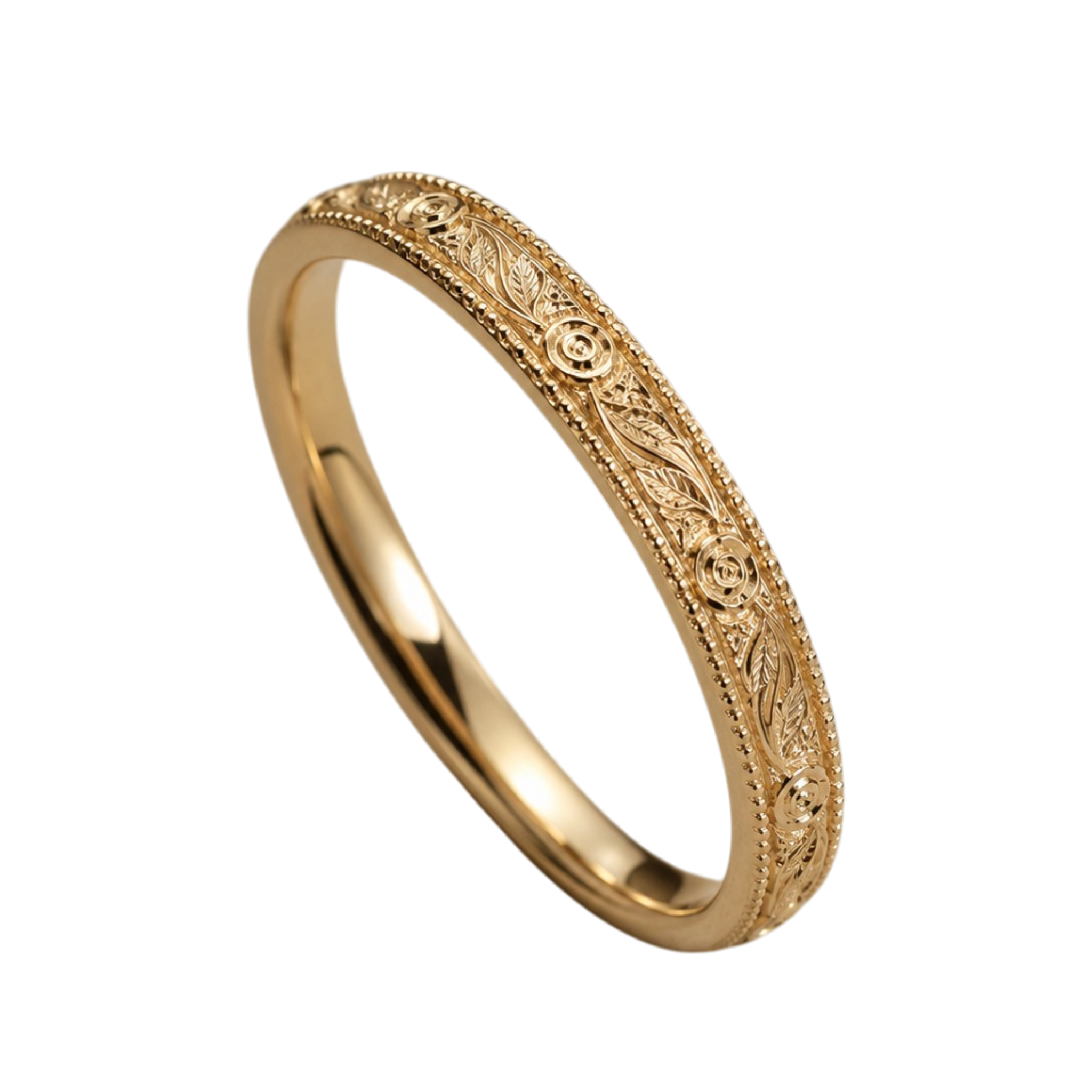 18ct yellow gold wedding band with hand-carved floral and leaf engraving inspired by Kindred Lübeck. Vintage-style bespoke wedding ring with intricate botanical detailing.