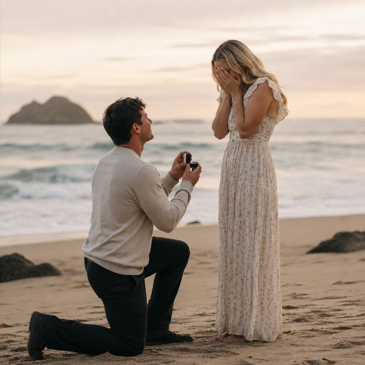 Romantic beach proposal at sunset with a man proposing using a bespoke engagement ring. Luxury proposal photography celebrating love, commitment, marriage and handcrafted bridal jewellery. Best proposals London. Best Engagement rings UK. Best Value.