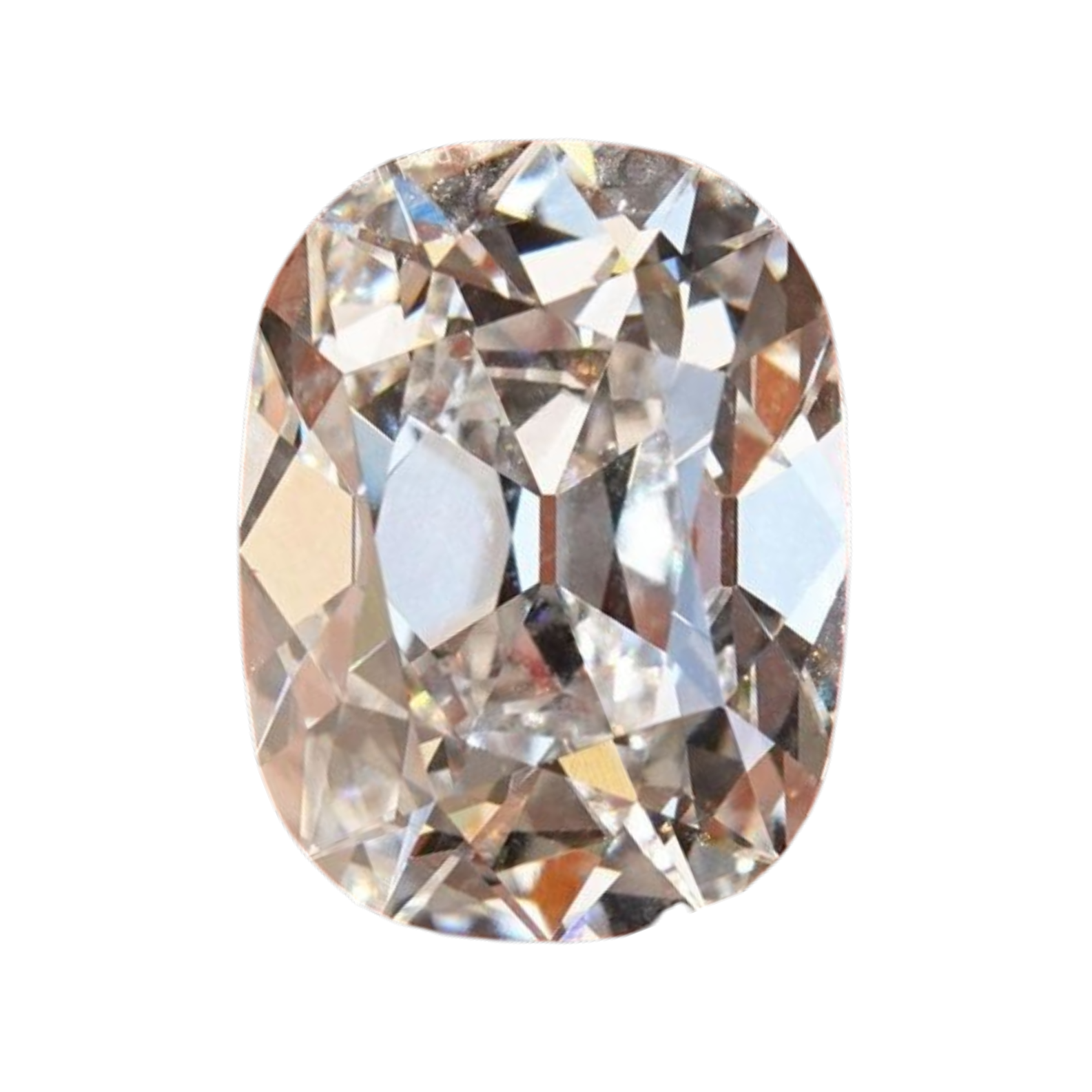Antique cushion-cut natural diamond with chunky facets and old mine style brilliance. Rare vintage diamond for bespoke engagement rings, heirloom jewellery and custom fine jewellery. Champagne colour with extreme fire, scintillation and reflection.