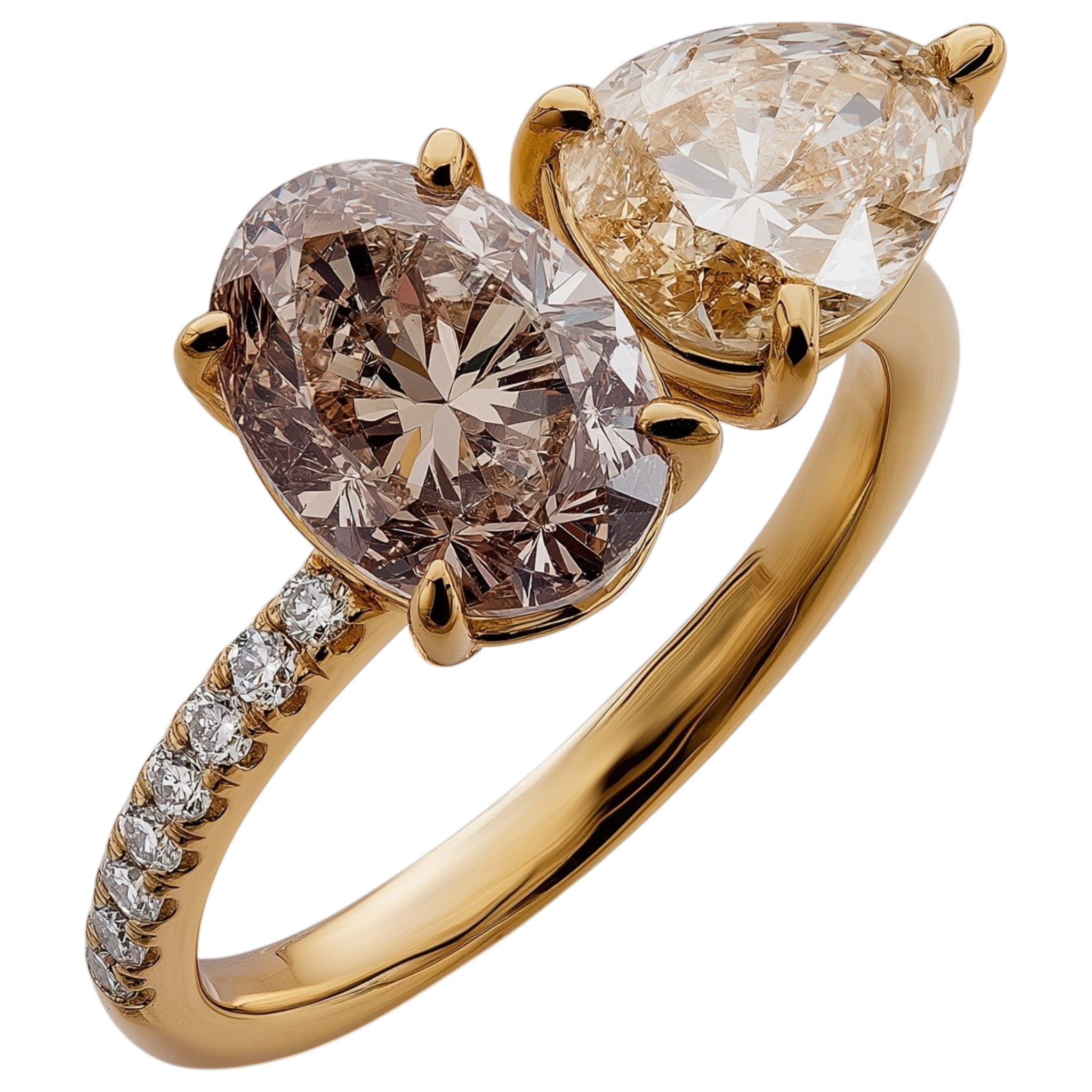 18ct yellow gold solitaire engagement ring featuring a heart-shaped natural brown diamond with micro pavé band. Bespoke heart diamond engagement ring handcrafted for a unique romantic proposal.