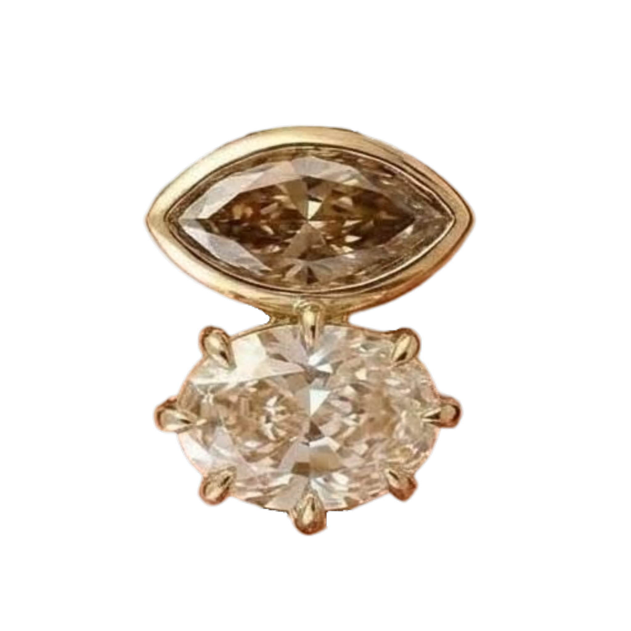 18K Yellow gold Toi et Moi engagement ring featuring a Lab-Grown marquise brown diamond and oval champagne diamond with bezel and claw settings. Georgian setting. Bespoke asymmetrical engagement ring.