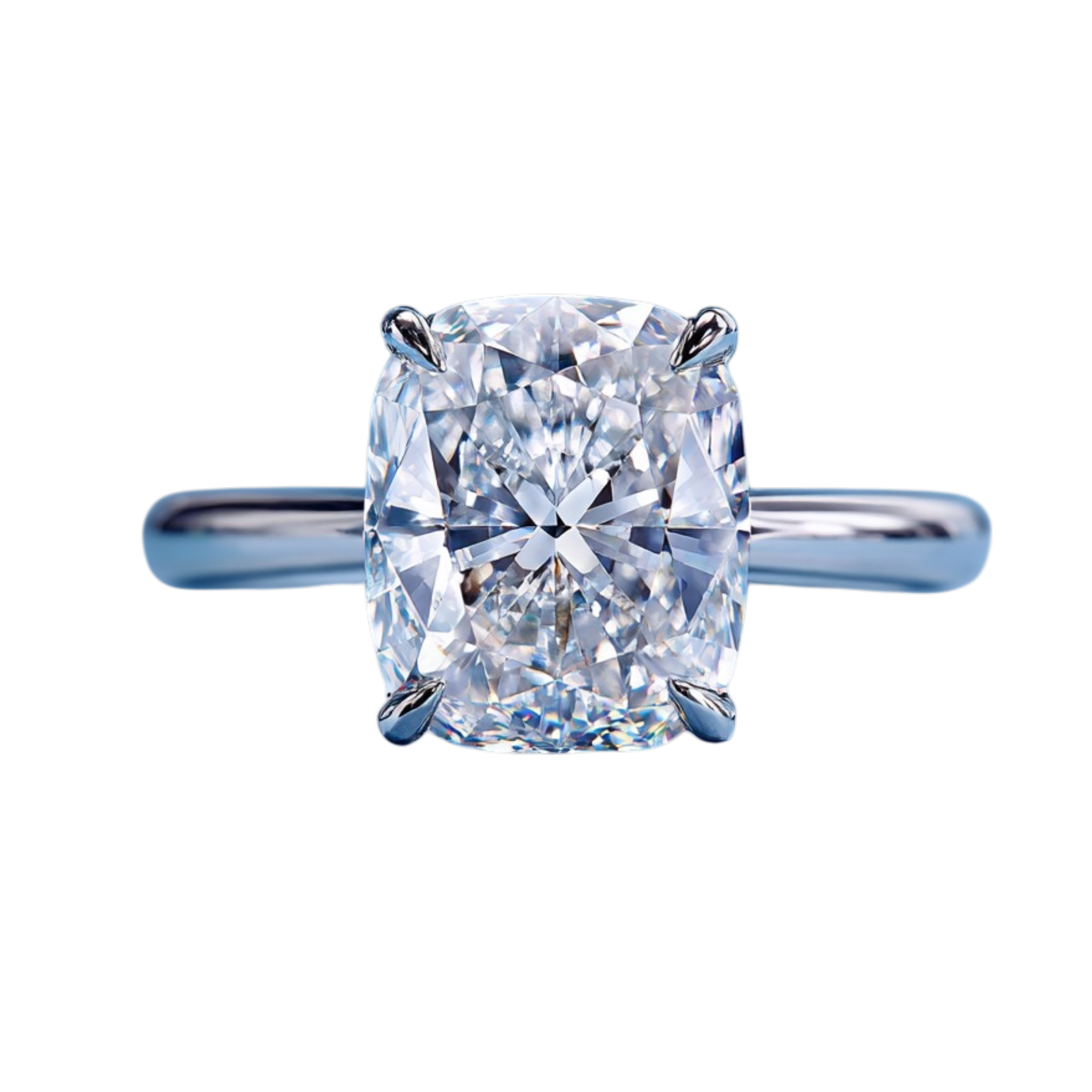 2.5ct elongated cushion-cut lab-grown diamond solitaire in white gold with floating cathedral setting. Bespoke modern engagement ring crafted in London by Meler Bech. Diamond featuring extra facets for extra sparkle.