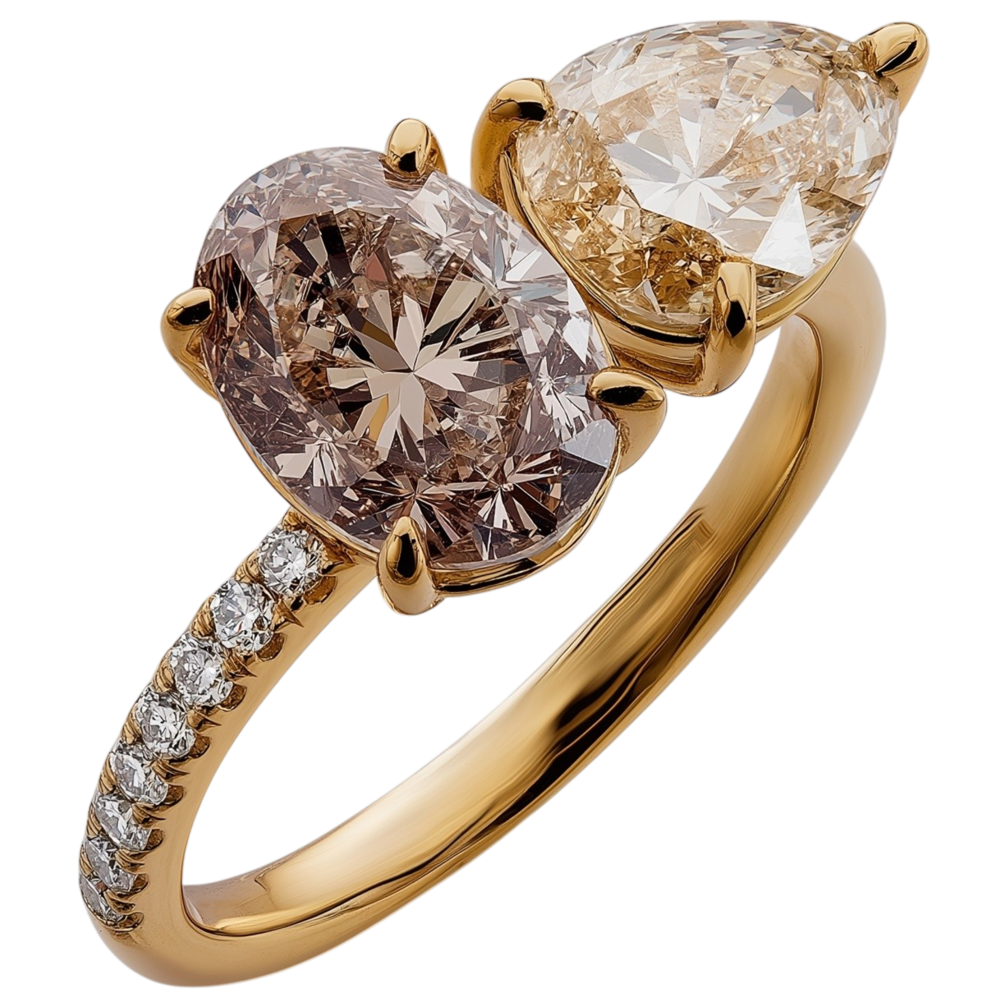 18ct yellow gold Toi et Moi engagement ring featuring a natural oval brown diamond and fancy yellow pear diamond, micro pavé band and elegant cathedral setting. Bespoke handcrafted engagement ring with coloured diamonds. Wedding band friendly.