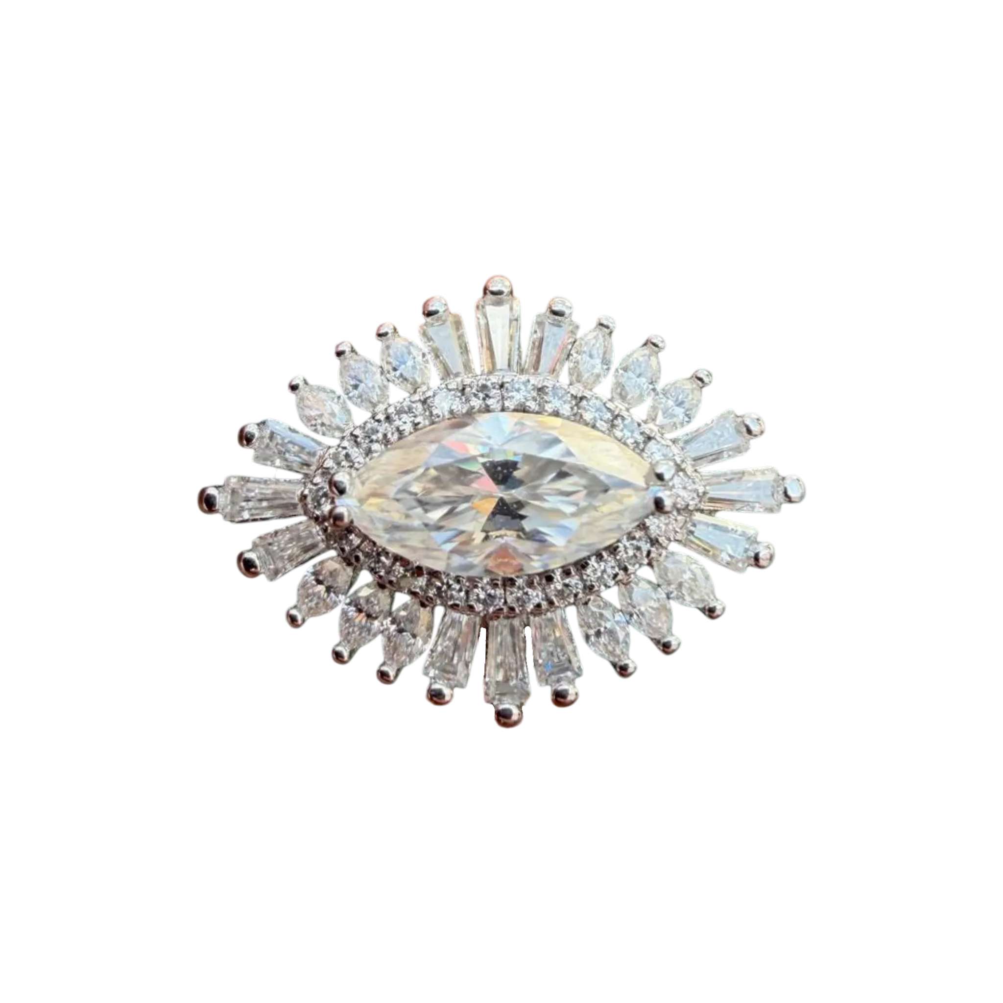 Lab-grown marquise diamond brooch featuring a horizontal marquise centre stone surrounded by a halo of tapered baguette diamonds in white gold. Bespoke statement jewellery inspired by vintage Art Deco design. By Meler Bech Personal Jeweller.
