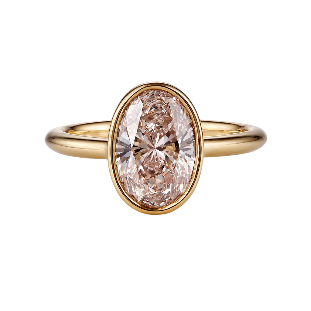 18ct yellow gold engagement ring featuring a 3ct oval fancy pink lab-grown diamond in a bezel set. Bespoke coloured diamond engagement ring with timeless vintage-inspired elegance. Extremely sparkly.