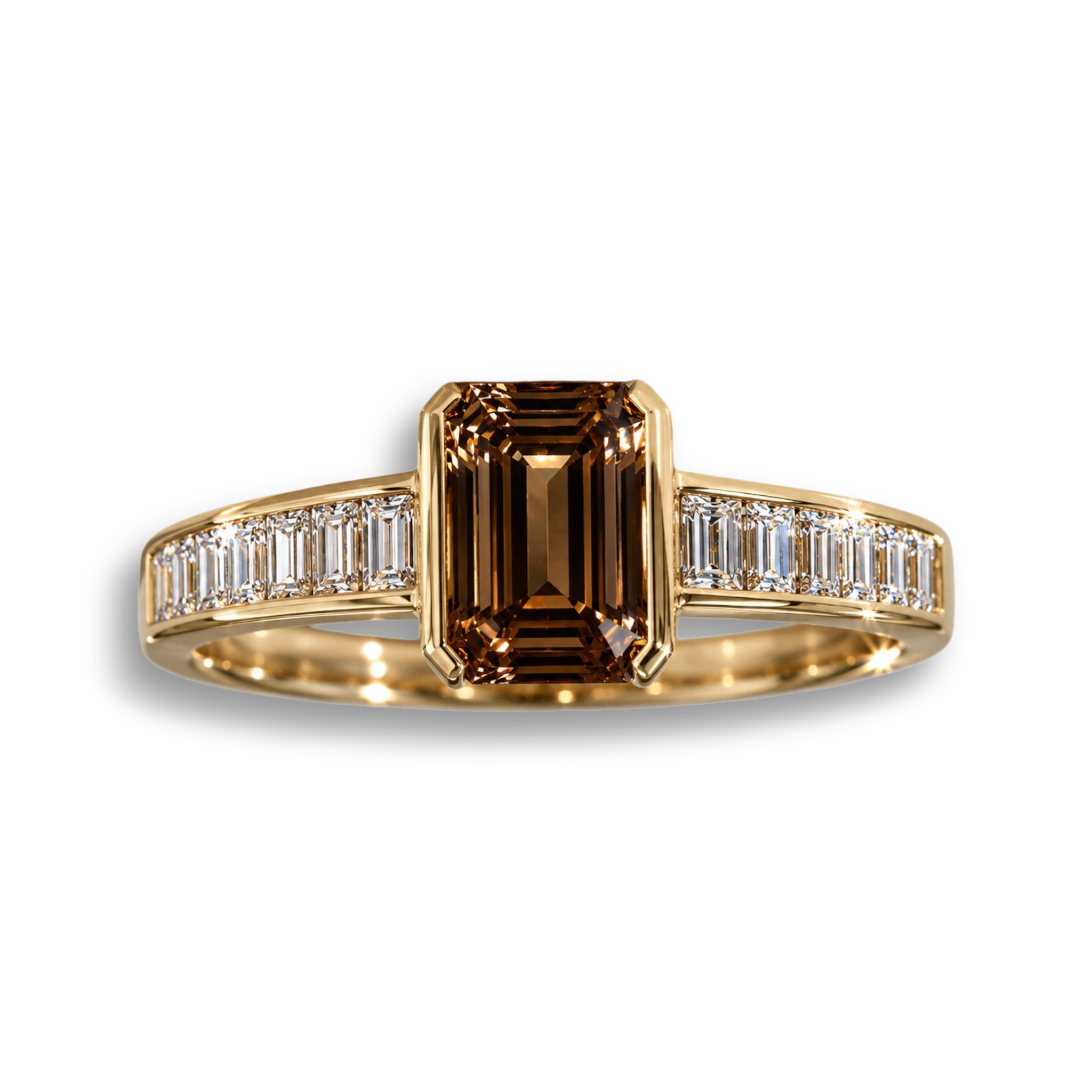 18ct yellow gold engagement ring featuring a brown emerald-cut natural diamond with double pavé diamond shoulders. One-of-a-kind bespoke engagement ring inspired by vintage Art Deco jewellery.