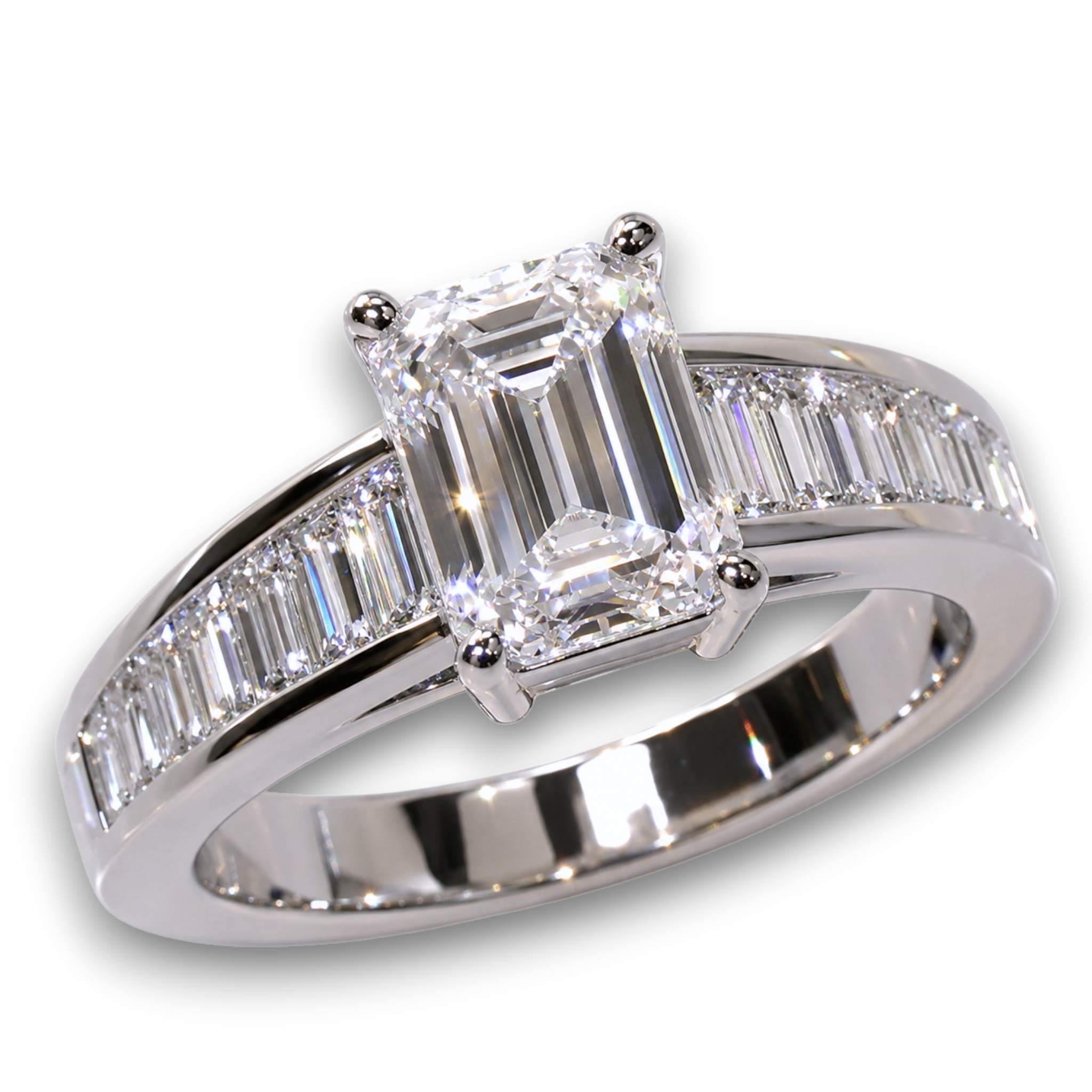 Platinum engagement ring inspired by Angelina Jolie featuring a large emerald-cut diamond with tapered baguette side stones and pavé shoulders. Bespoke Art Deco inspired engagement ring with timeless elegance.