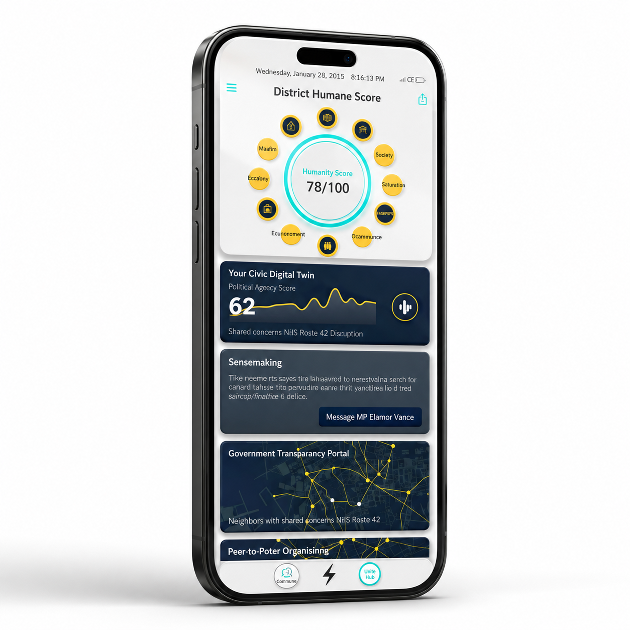 Smartphone displaying a dashboard with a District Humane Score of 78 out of 100, various icons around the score, and sections on civic digital twin, government transparency portal, and peer-to-peer organizing.