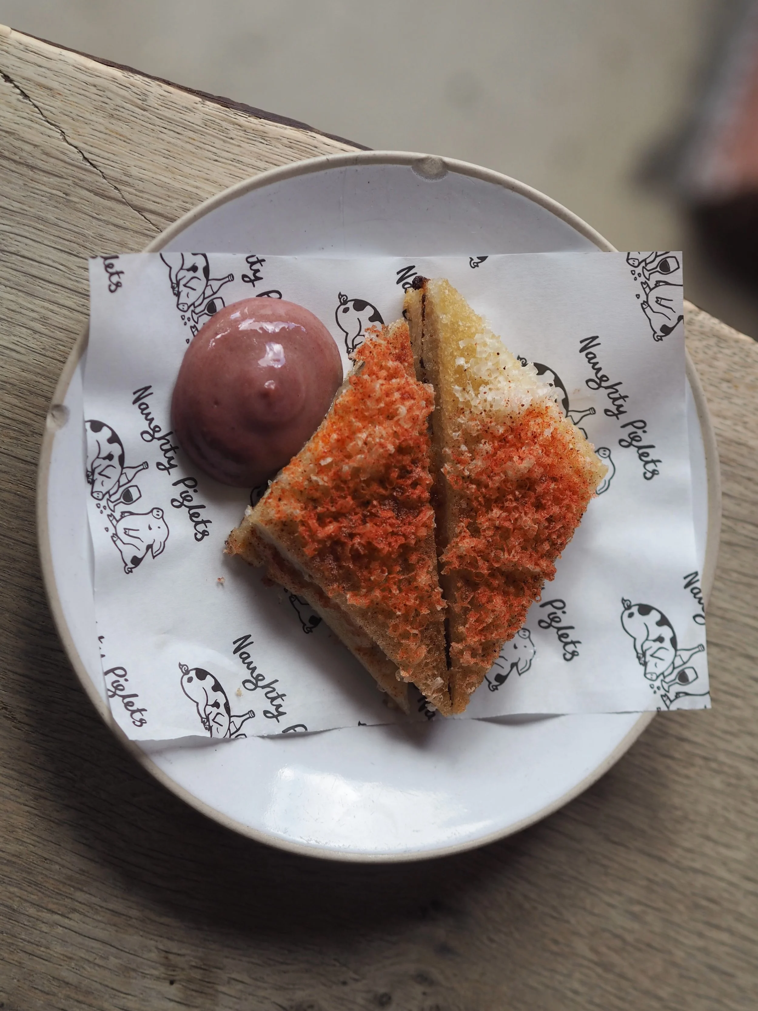 A CLASSIC MACANESE SNACK THAT WILL MAKE YOU WANT TO DANCE. 

Damson plum ketchup, form last year&rsquo;s harvest. 
So silky and delicious, so very addictive.
Ogleshield &amp; b&eacute;chamel toast, with grated Montgomery cheddar. One more please.