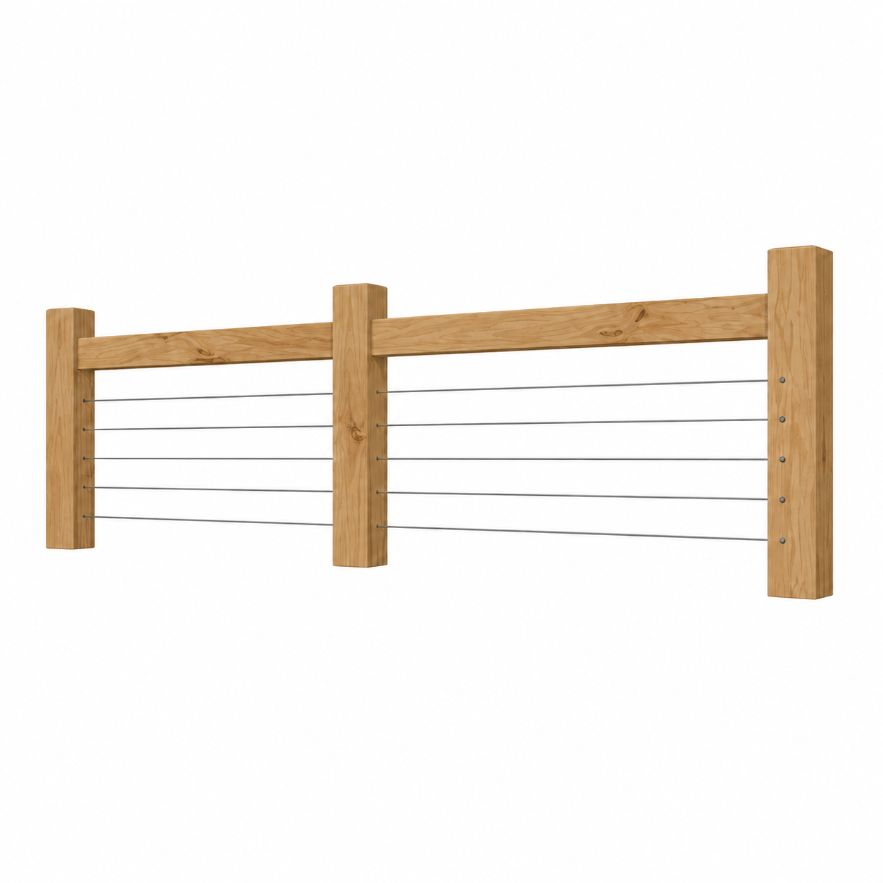 Wooden fence with horizontal metal wires on a plain white background.
