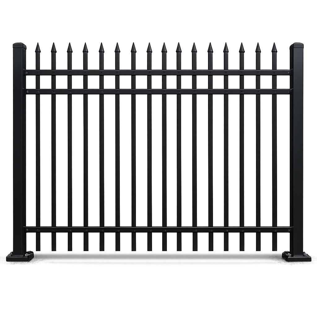 A black metal gate with pointed finials, set on a concrete ground