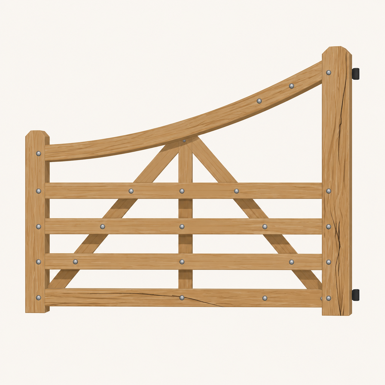 Wooden gate with vertical posts, horizontal slats, and a curved top rail, secured with metal fasteners, and mounted on hinges.