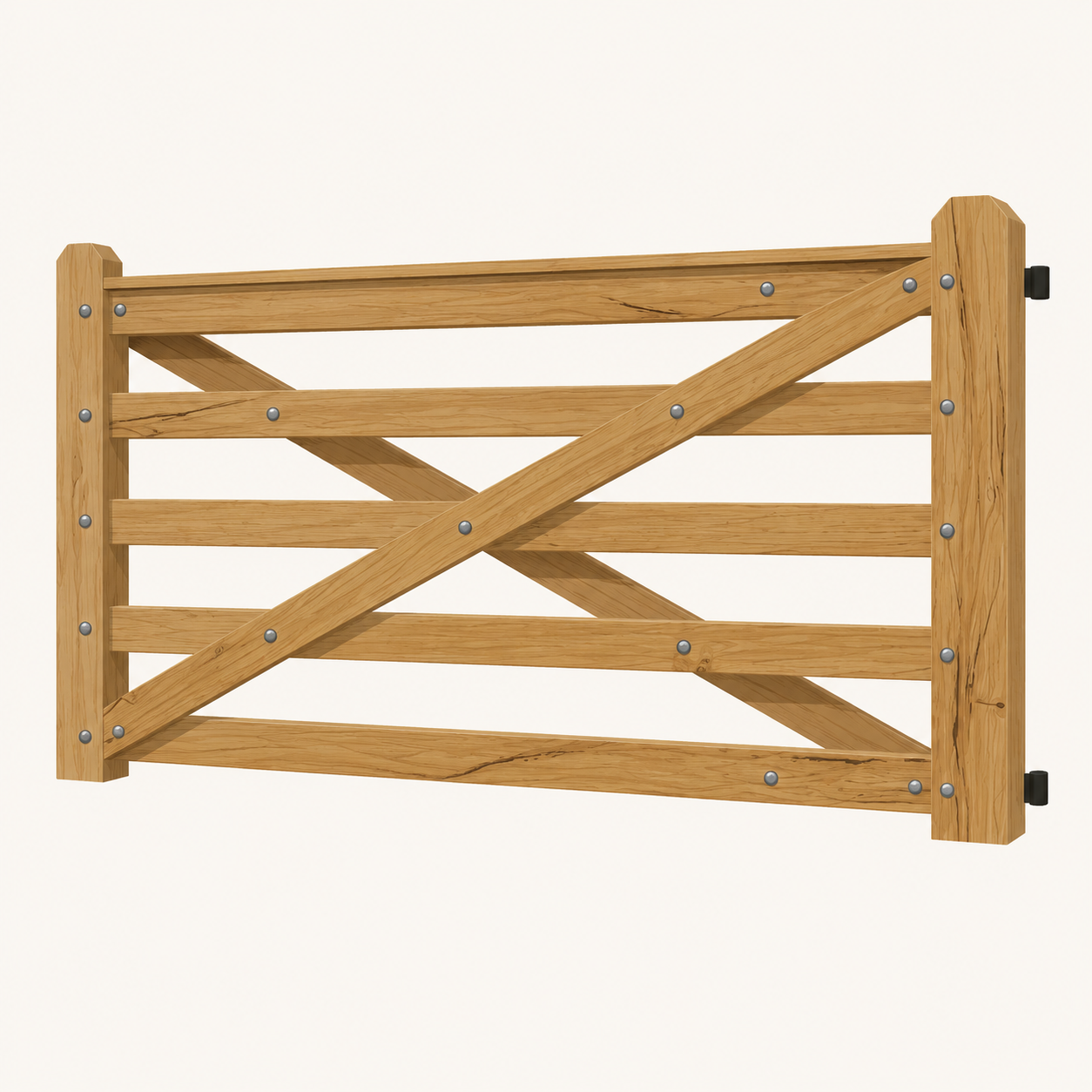 Wooden farm gate with metal hardware on a white background