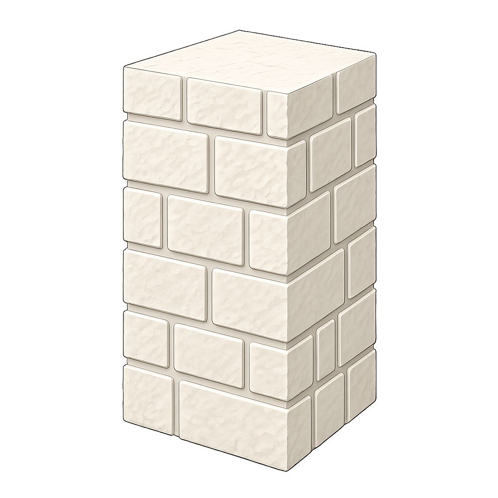 A digital illustration of a white brick pillar with textured bricks, standing on a gray base with a light beige background.