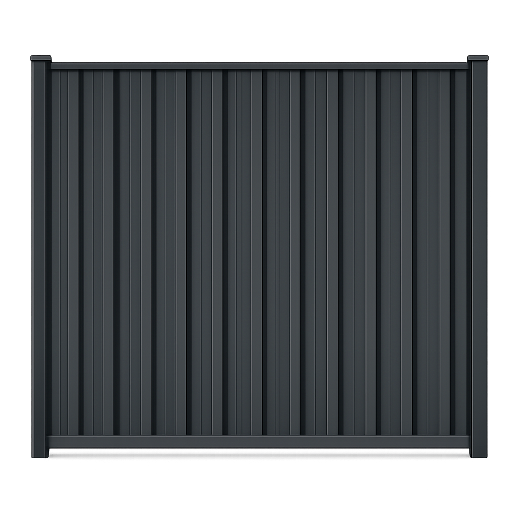 Black metal gate with vertical slats and a horizontal trim at the bottom.