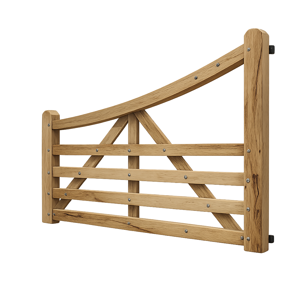 Wooden horse corral gate with horizontal and diagonal slats, attached to a post, used for fencing in animals.