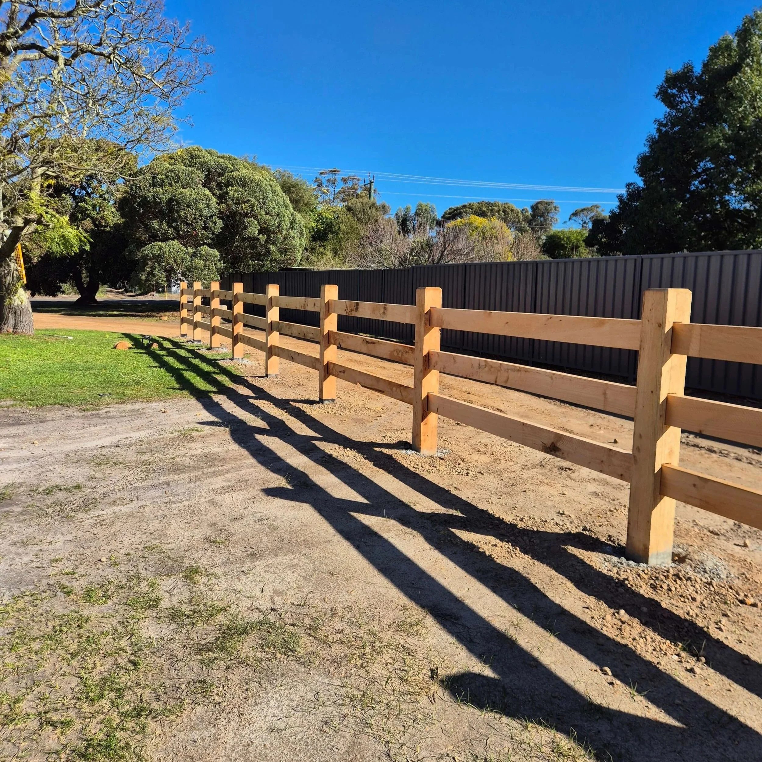 A wooden fence with vertical posts and horizontal rails running along a dirt path on a grassy area. Behind the fence, there are various trees, some with green foliage and one with bare branches, and a black metal fence in the background. The sky is bright blue with no visible clouds.