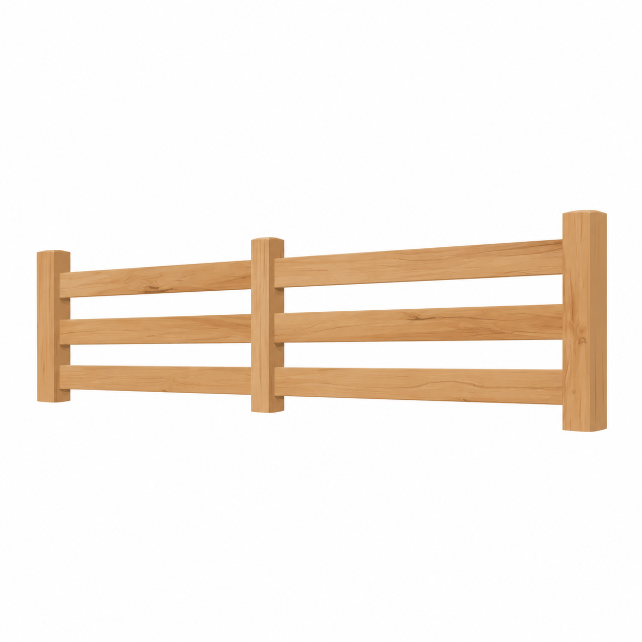 A wooden fence with three horizontal planks and vertical posts on a white background.