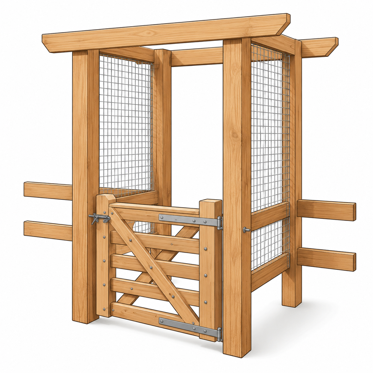 A wooden pet or animal enclosure with a small gate, wooden slats, and wire mesh panels on the sides.