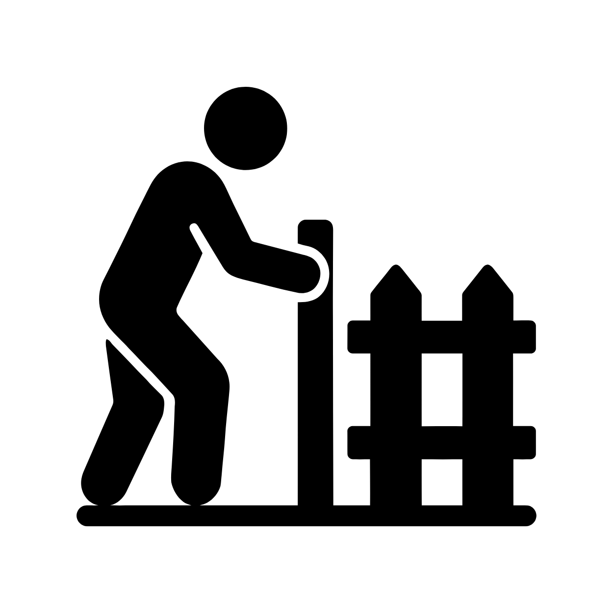 Silhouette of a person pushing a cart or trolley with a post or pole, next to a small fence or barrier.