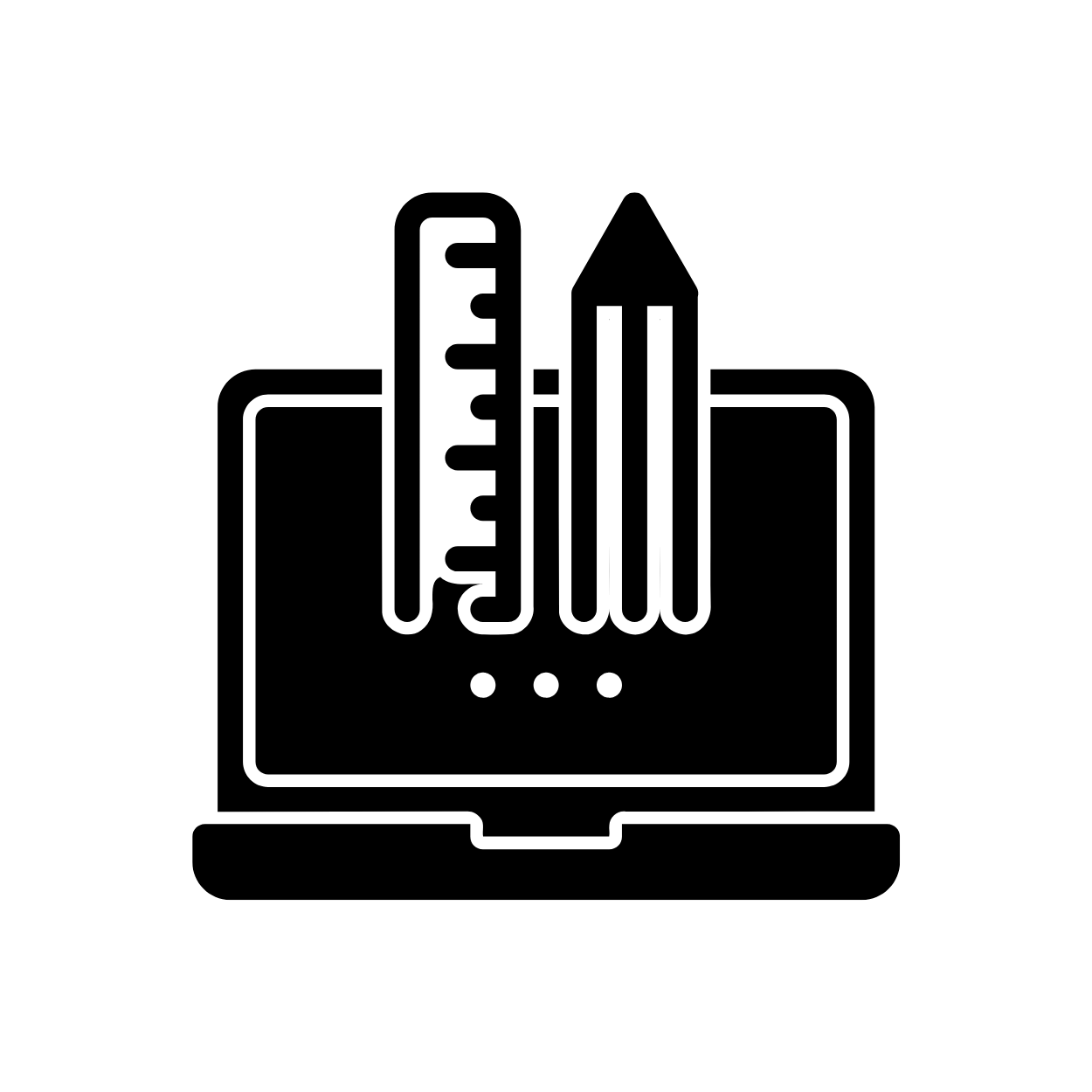 Black and white icon of a laptop with a ruler, pencil, and pen on the screen.