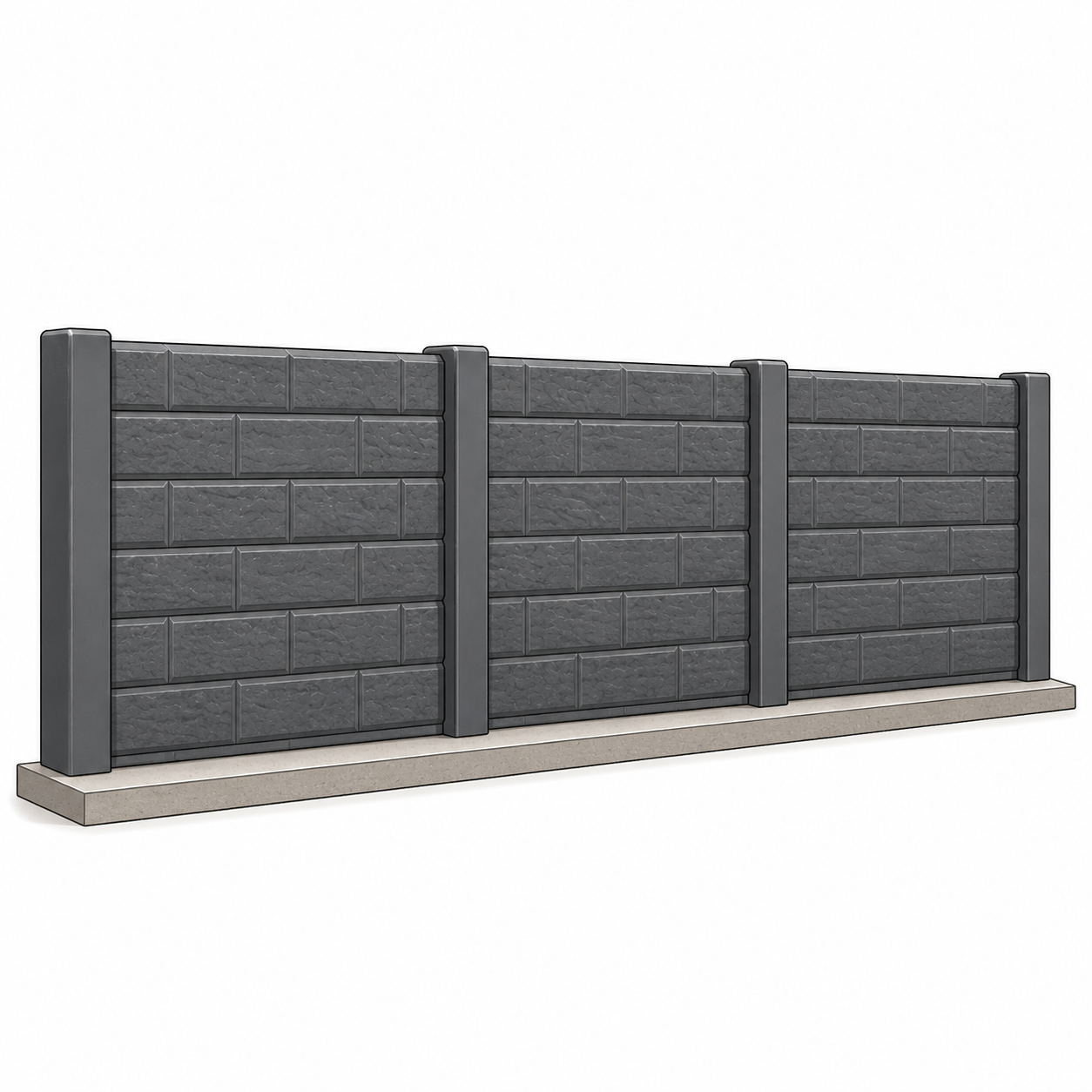 Gray brick wall fence standing on a concrete base.