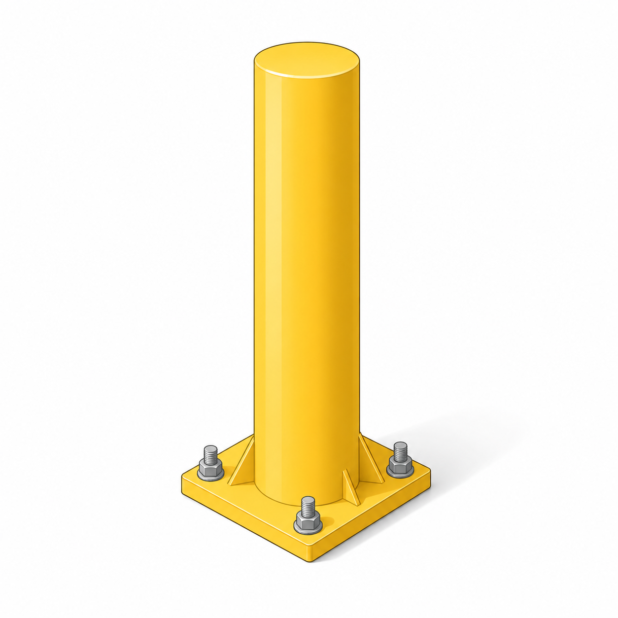 Yellow safety bollard post with bolts securing it to the ground on a white background.