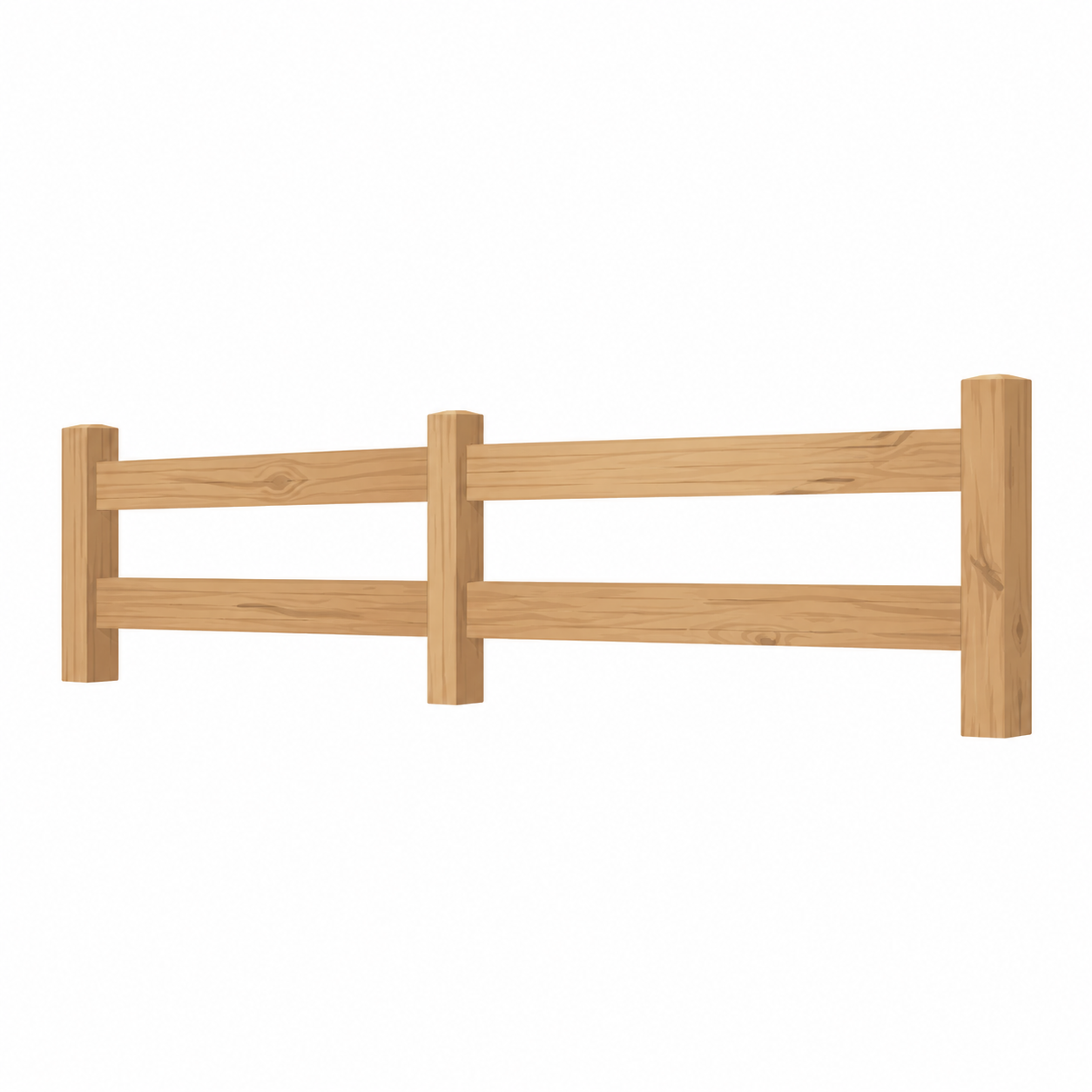 A wooden split-rail fence with three posts and two horizontal rails.
