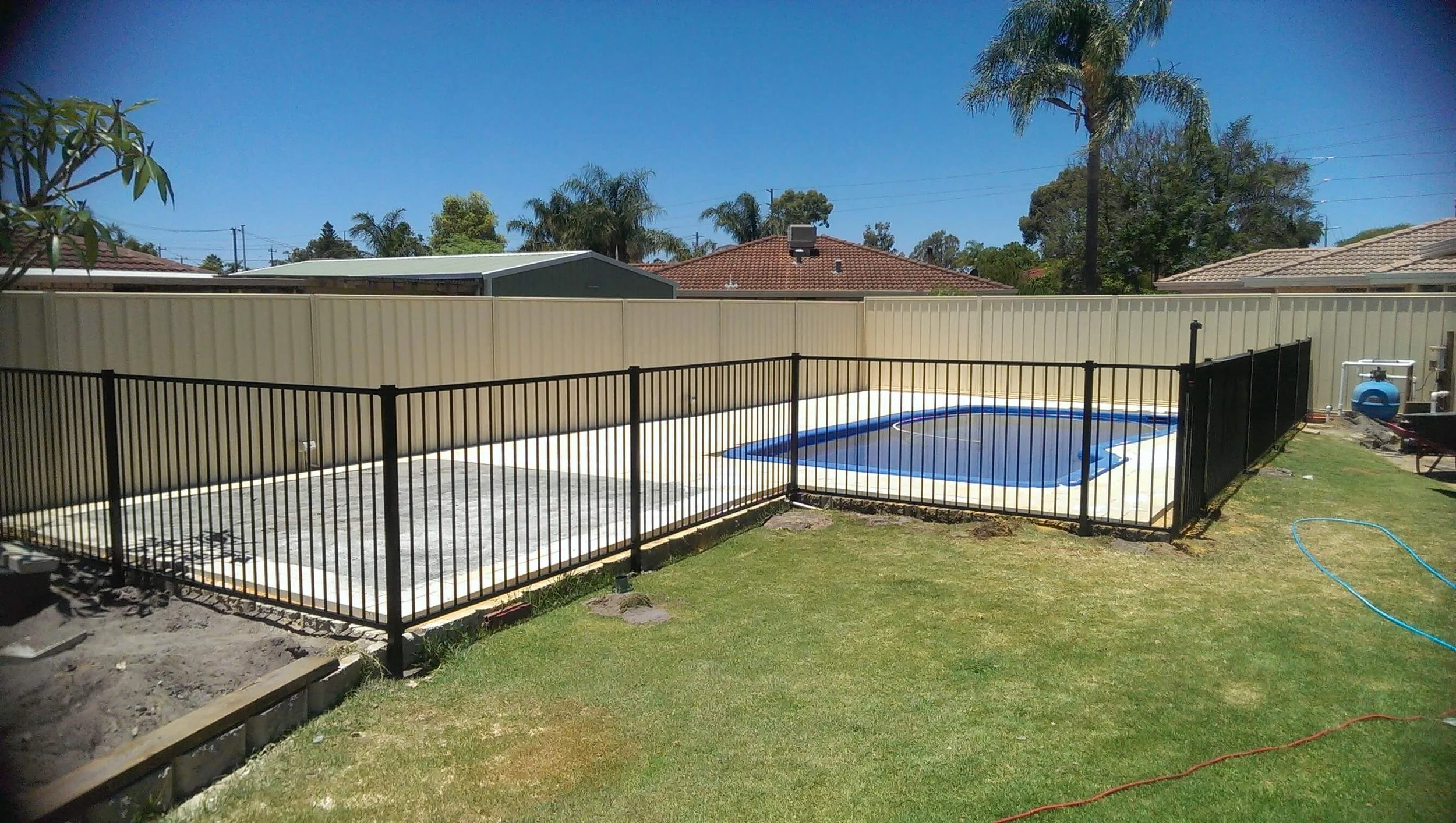Backyard with swimming pool under construction, surrounded by a black metal fence, with a beige privacy fence in the background, and a grassy lawn in the foreground.