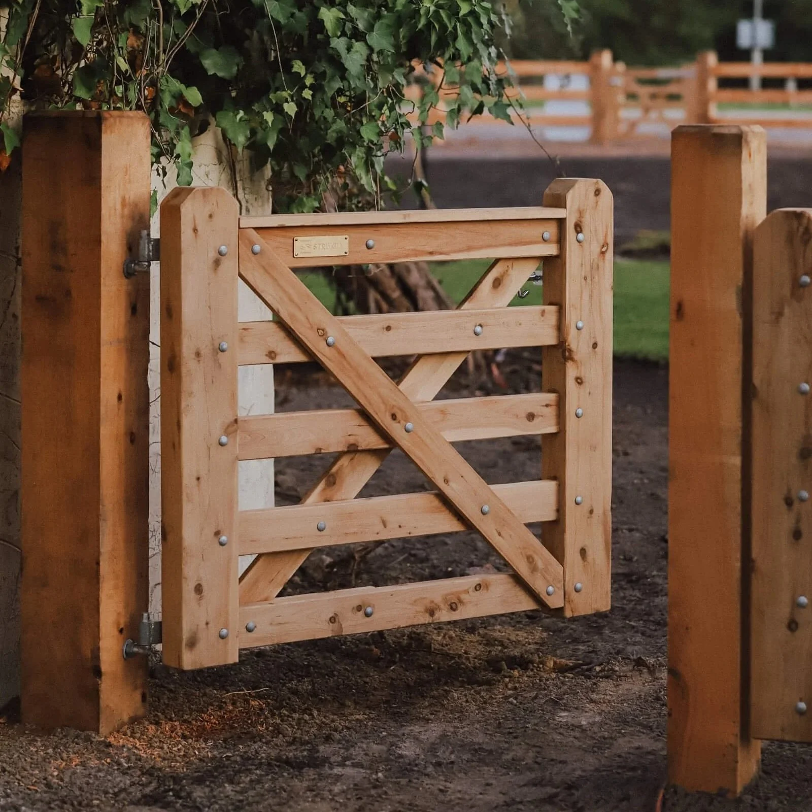 Wooden gate with a diagonal crossbar, held in place by metal bolts, attached between two wooden posts in an outdoor setting with greenery and a dirt ground.