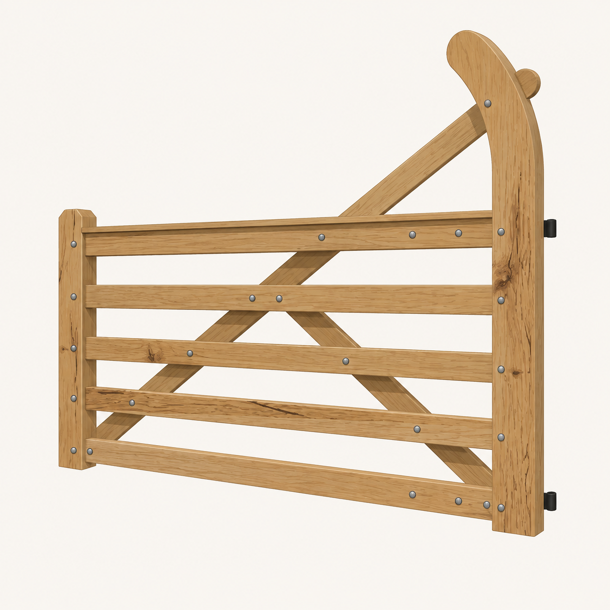 Wooden garden gate with horizontal and diagonal slats, secured with metal bolts.