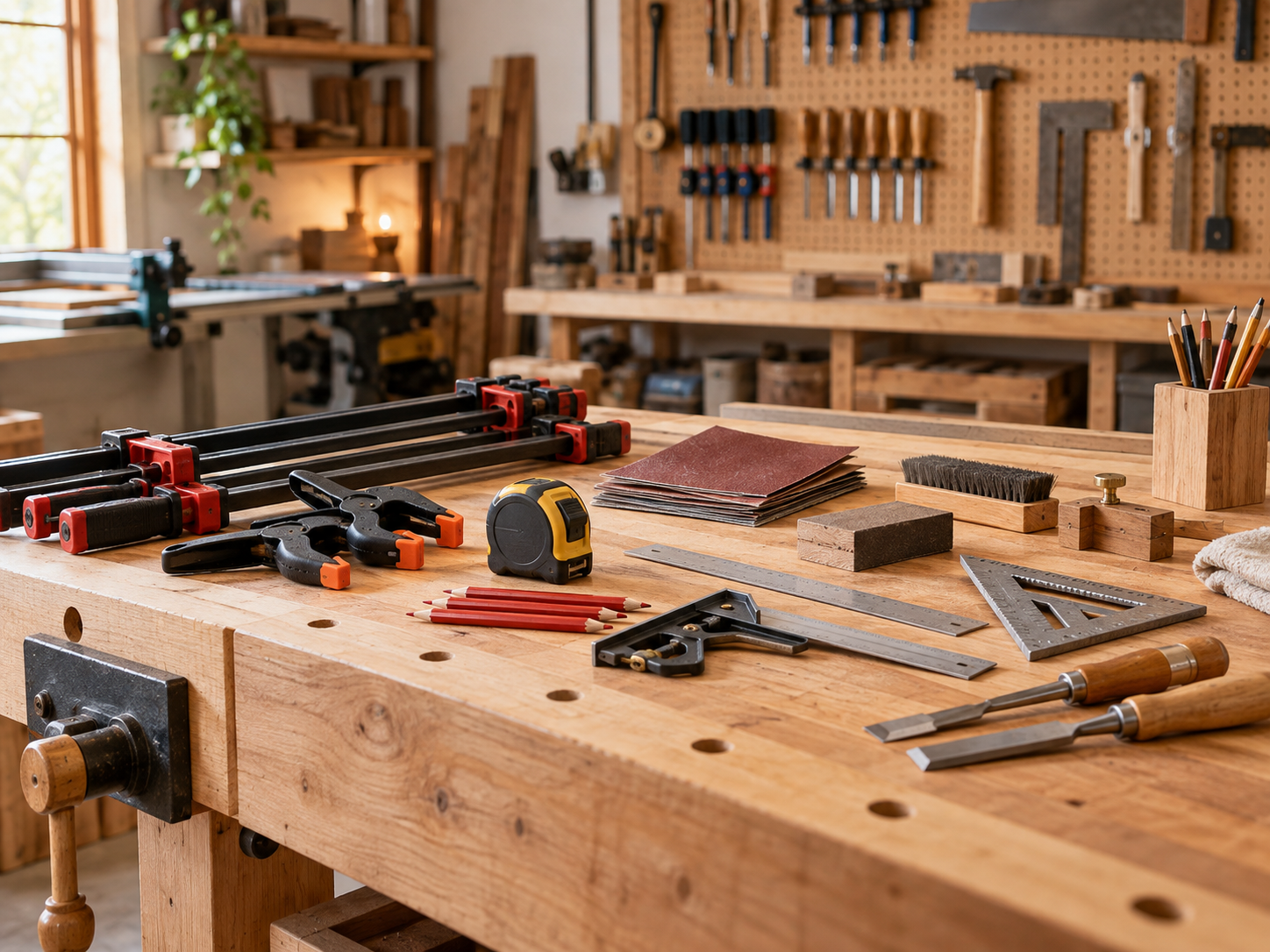 Woodworking workshop with a large workbench containing clamps, pencils, measuring tape, rulers, sandpaper, and carving tools, with a pegboard of hand tools on the wall in the background.