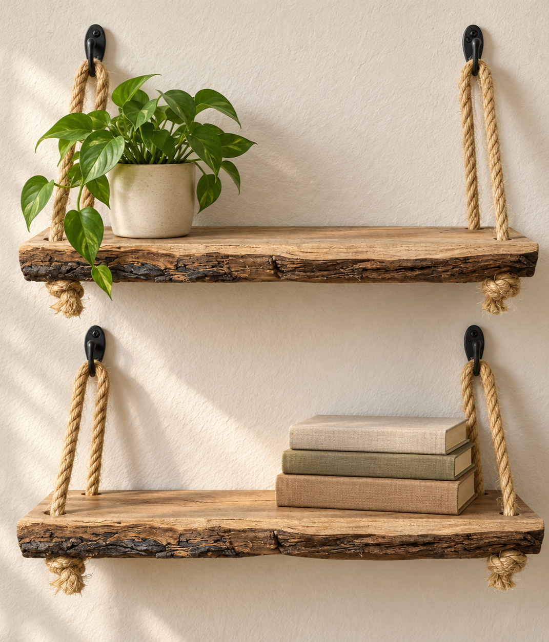 Two rustic wooden shelves with ropes hanging on black wall brackets, decorated with a potted green plant on the top shelf and three hardcover books stacked on the bottom shelf, against a beige wall.