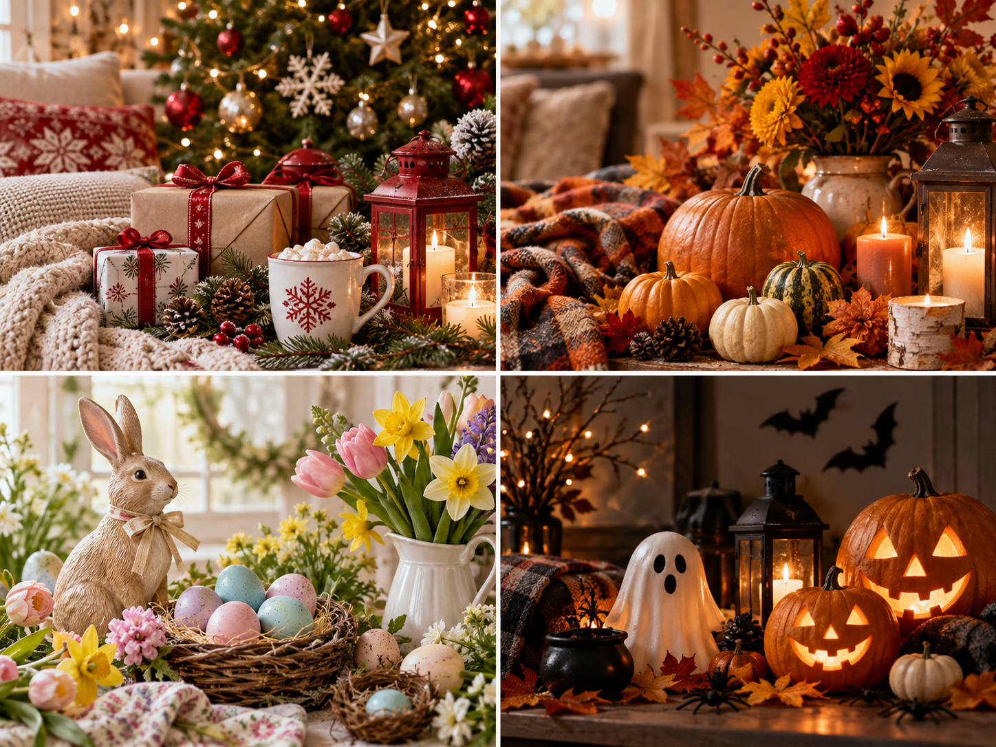Four images featuring festive holiday and fall decorations. The first shows a Christmas tree with ornaments, wrapped presents, a mug, pinecones, and candles. The second displays pumpkins, gourds, candles, leaves, and a bouquet of sunflowers. The third features spring flowers, a bunny figurine, and pastel Easter eggs among daisies and tulips. The fourth depicts Halloween-themed decorations with carved pumpkins, a ghost figure, black bats, candles, and autumn leaves.