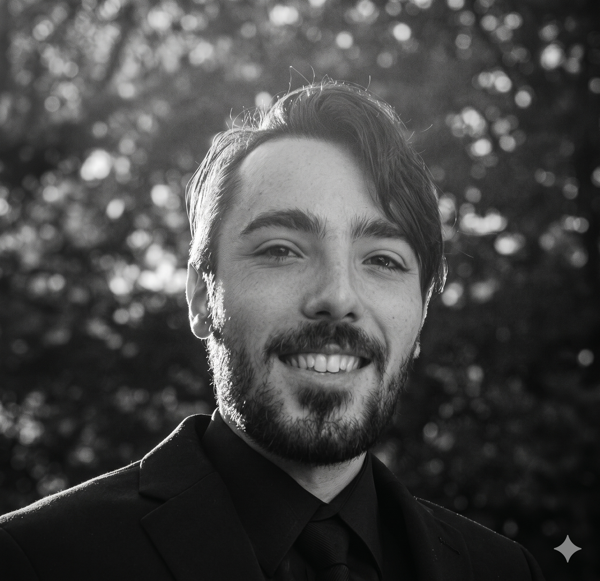 Close-up of a smiling man with a beard and mustache, wearing a suit and tie, with a blurred bokeh background.