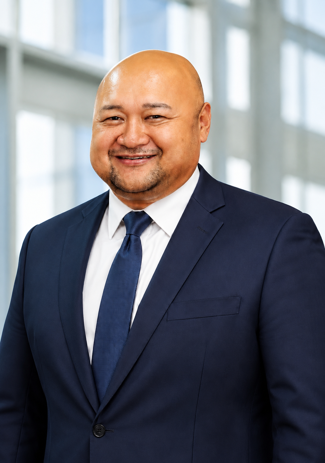 Professional portrait of a smiling man in a navy blue suit, white shirt, and navy tie, standing indoors with large windows in the background.