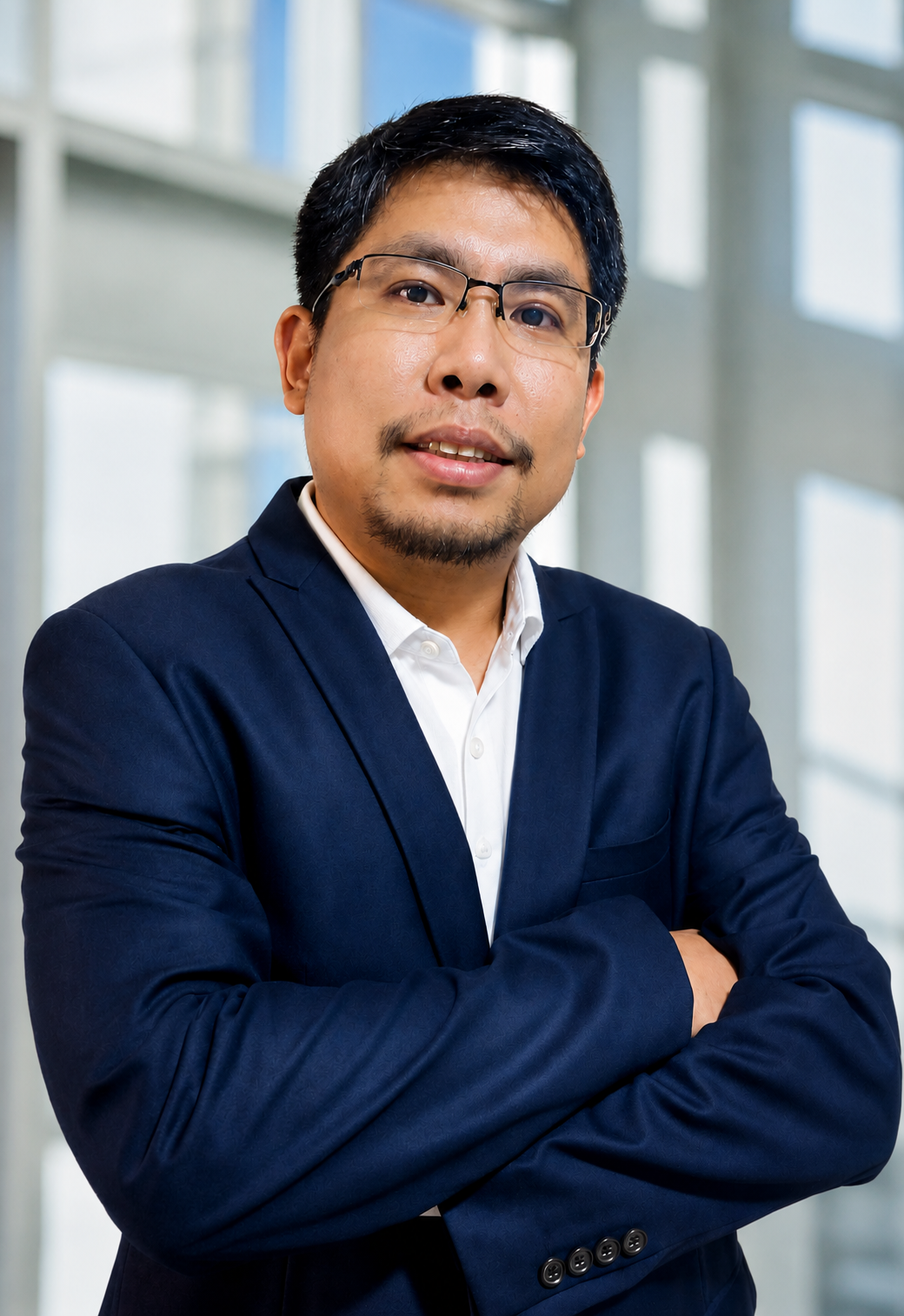 Portrait of a man with black hair, glasses, and a goatee, wearing a navy blazer and white shirt, with arms crossed, in a modern office building with large windows.