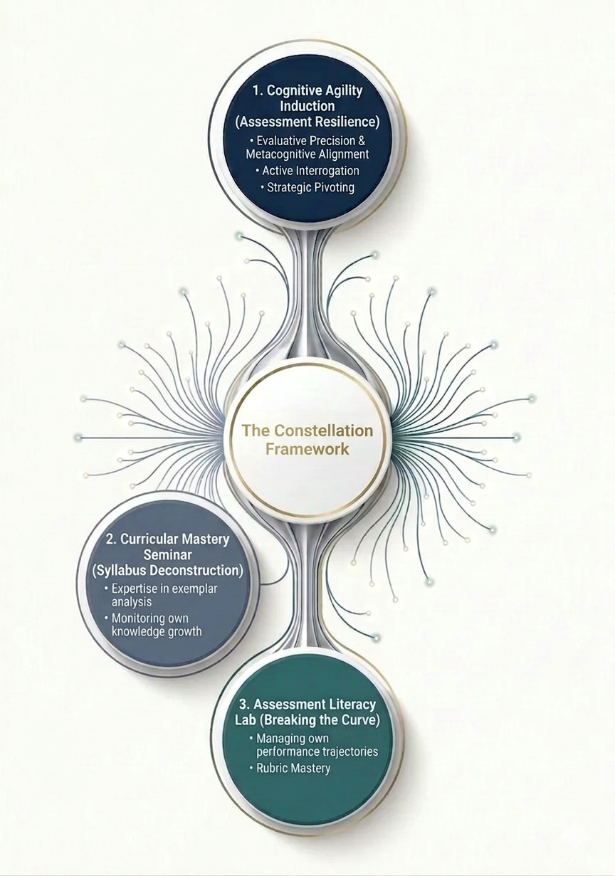 Diagram of The Constellation Framework showing three components: 1. Cognitive Agility Induction, 2. Curricular Mastery Seminar, 3. Assessment Literacy Lab with descriptions for each.