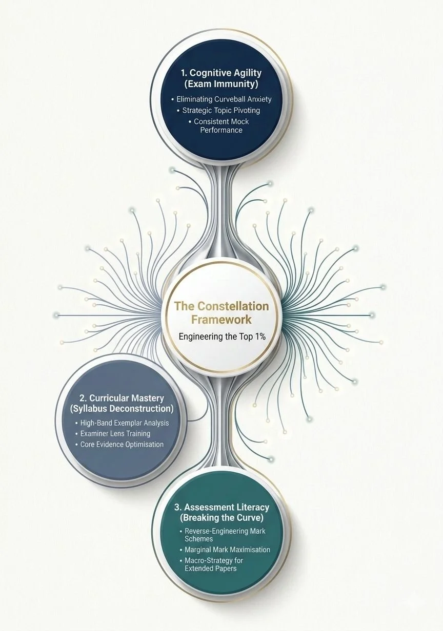 Diagram titled 'The Constellation Framework' with three interconnected circles labeled 'Cognitive Agility,' 'Curricular Mastery,' and 'Assessment Literacy,' illustrating strategies for engineering top 1%, with bullet points under each.