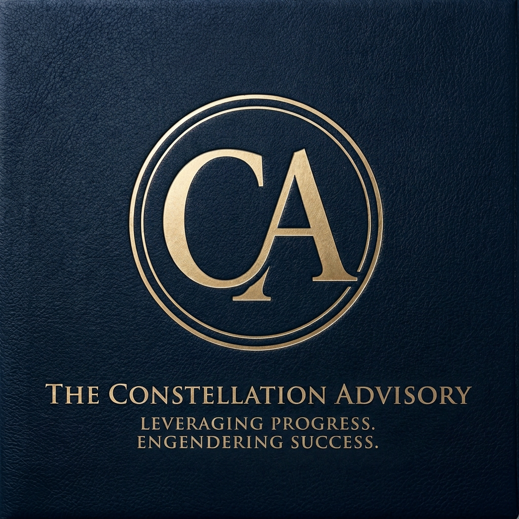 Close-up of a navy blue textured cover with gold embossing, featuring a large circle with the letters 'CA' inside, and the words 'The Constellation Advisory - Leveraging Progress. Engendering Success.' written below.