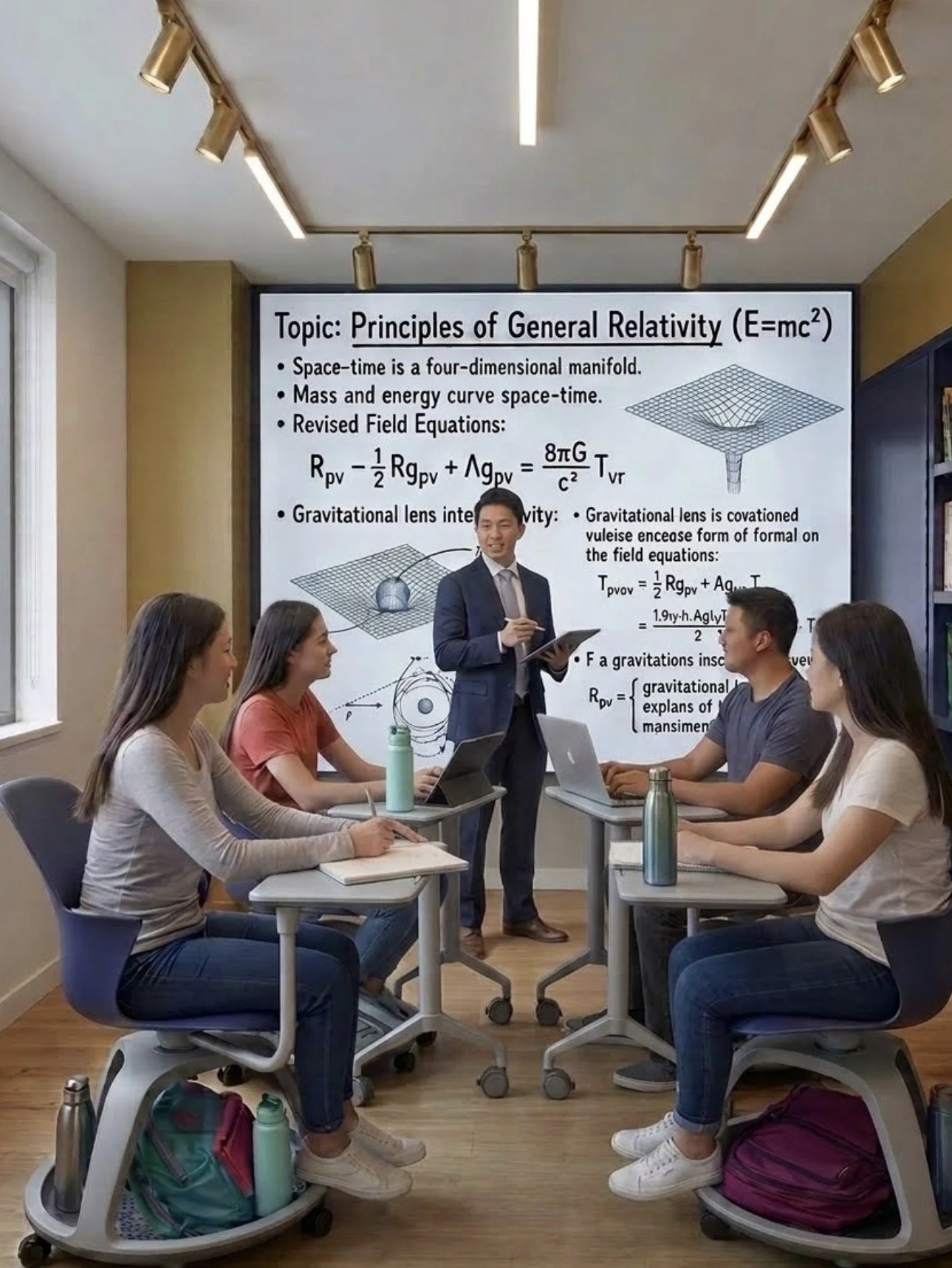 A classroom with four students sitting at desks around a table, listening to a male instructor in a suit who is teaching principles of general relativity, with a large presentation screen displaying equations and diagrams about space-time.