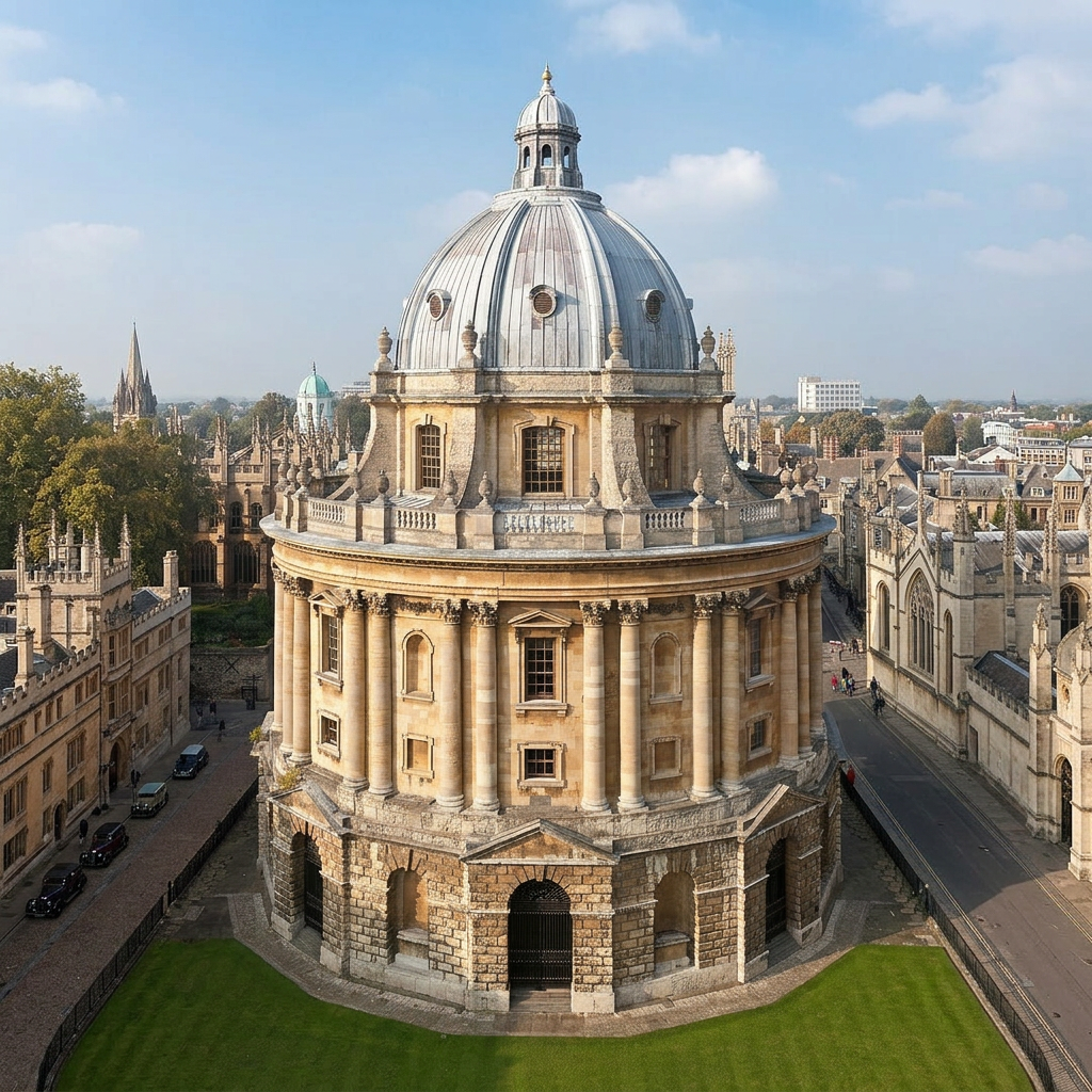 A historic stone building with a large dome, surrounded by a cityscape with other historic buildings and a clear sky.